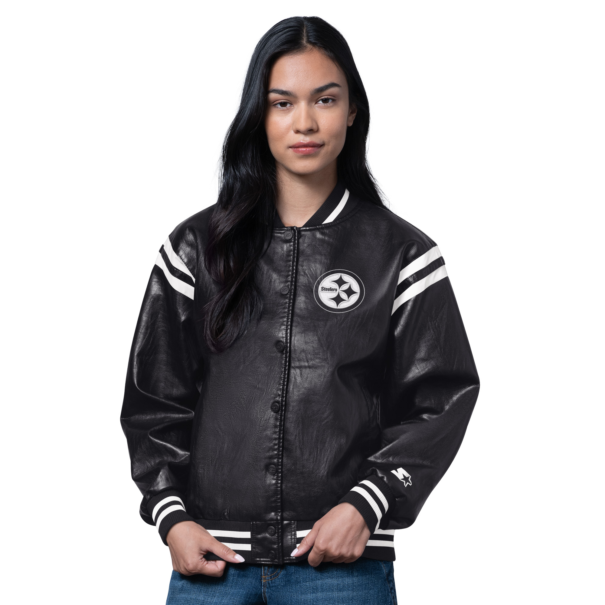 Women's Starter Black Pittsburgh Steelers High Heat Vegan Leather Full-Snap Varsity Jacket