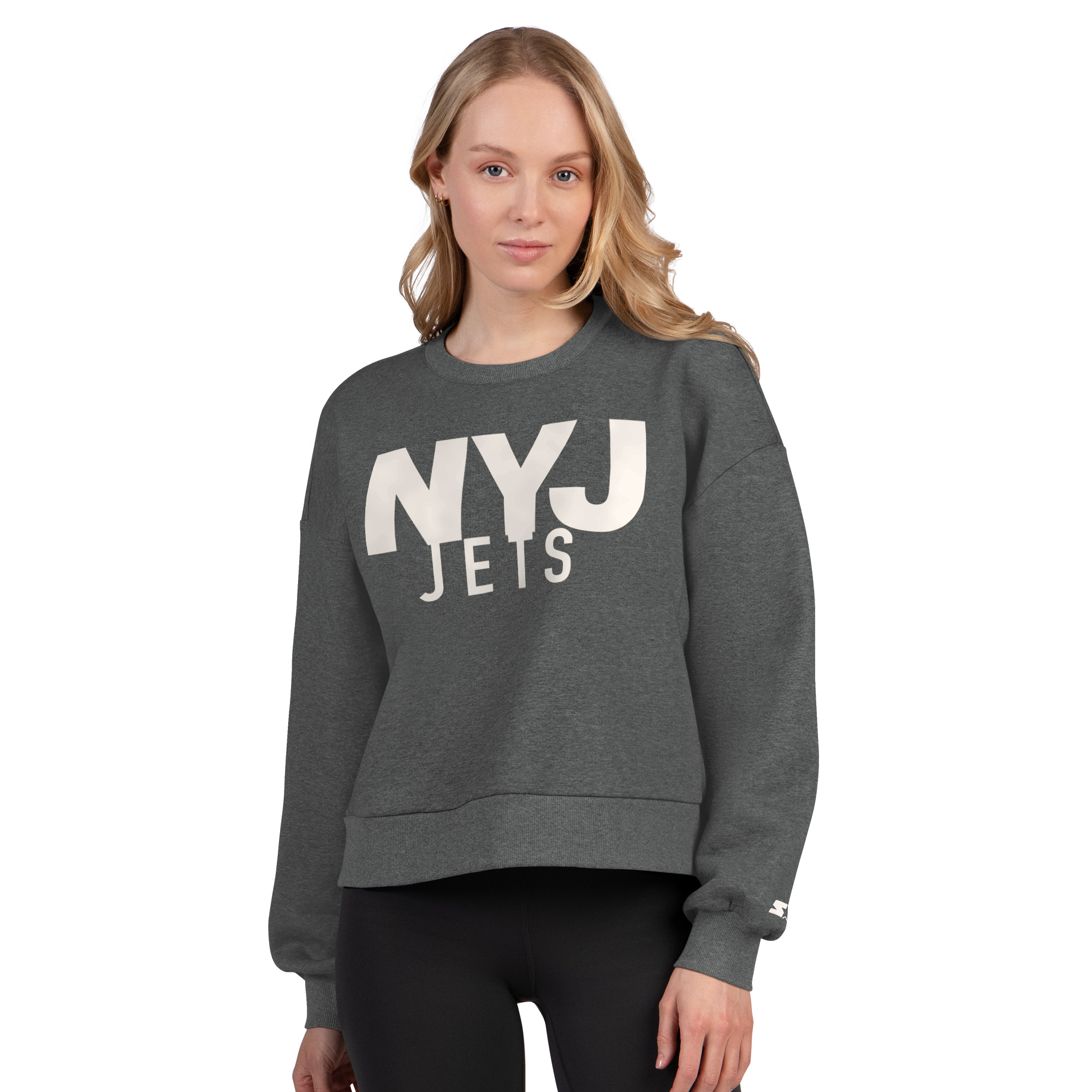 Women's Starter Heather Gray New York Jets Show Up Cropped Fleece Pullover Sweatshirt