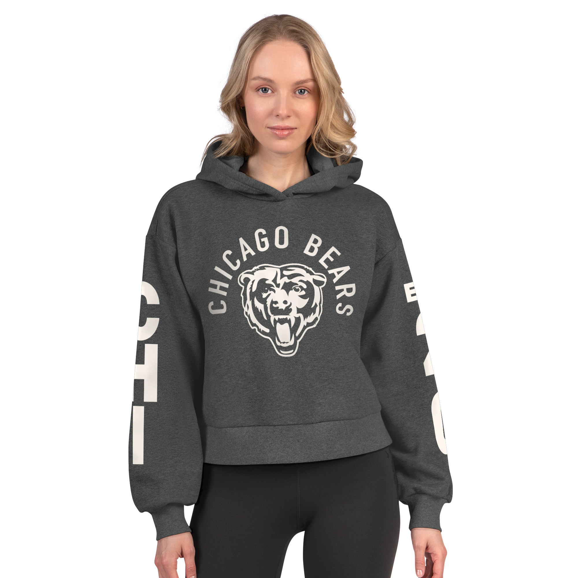 Women's Starter Heather Charcoal Chicago Bears Star Player Cropped Fleece Pullover Hoodie