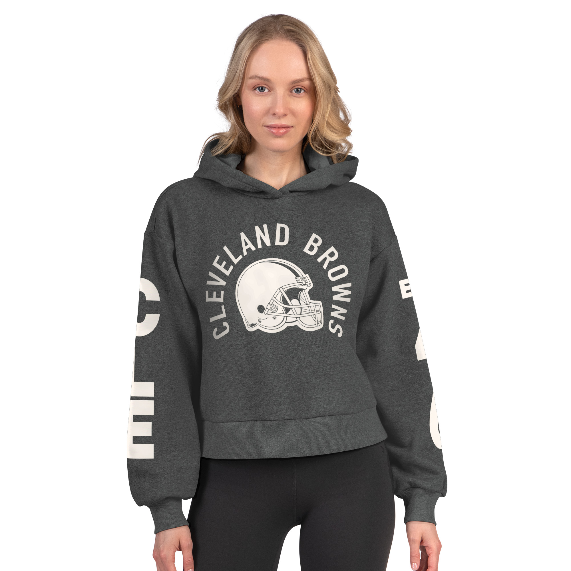 Women's Starter Heather Charcoal Cleveland Browns Star Player Cropped Fleece Pullover Hoodie