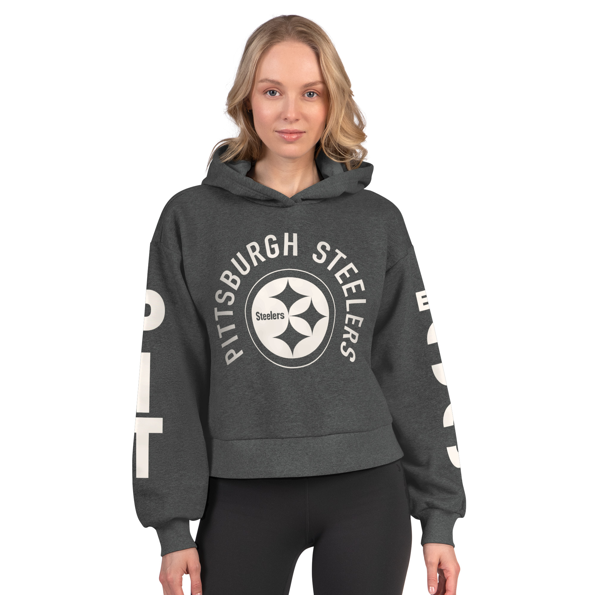 Women's Starter Heather Charcoal Pittsburgh Steelers Star Player Cropped Fleece Pullover Hoodie
