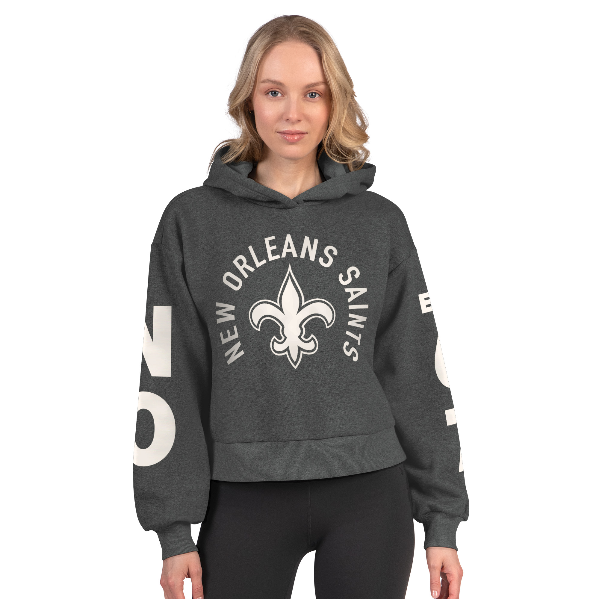 Women's Starter Heather Charcoal New Orleans Saints Star Player Cropped Fleece Pullover Hoodie