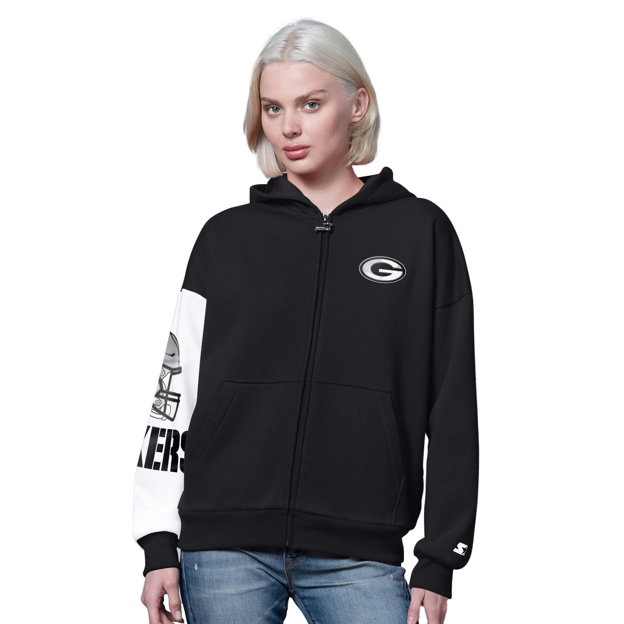 Women's Starter Black Green Bay Packers 4th Down Full-Zip Hoodie