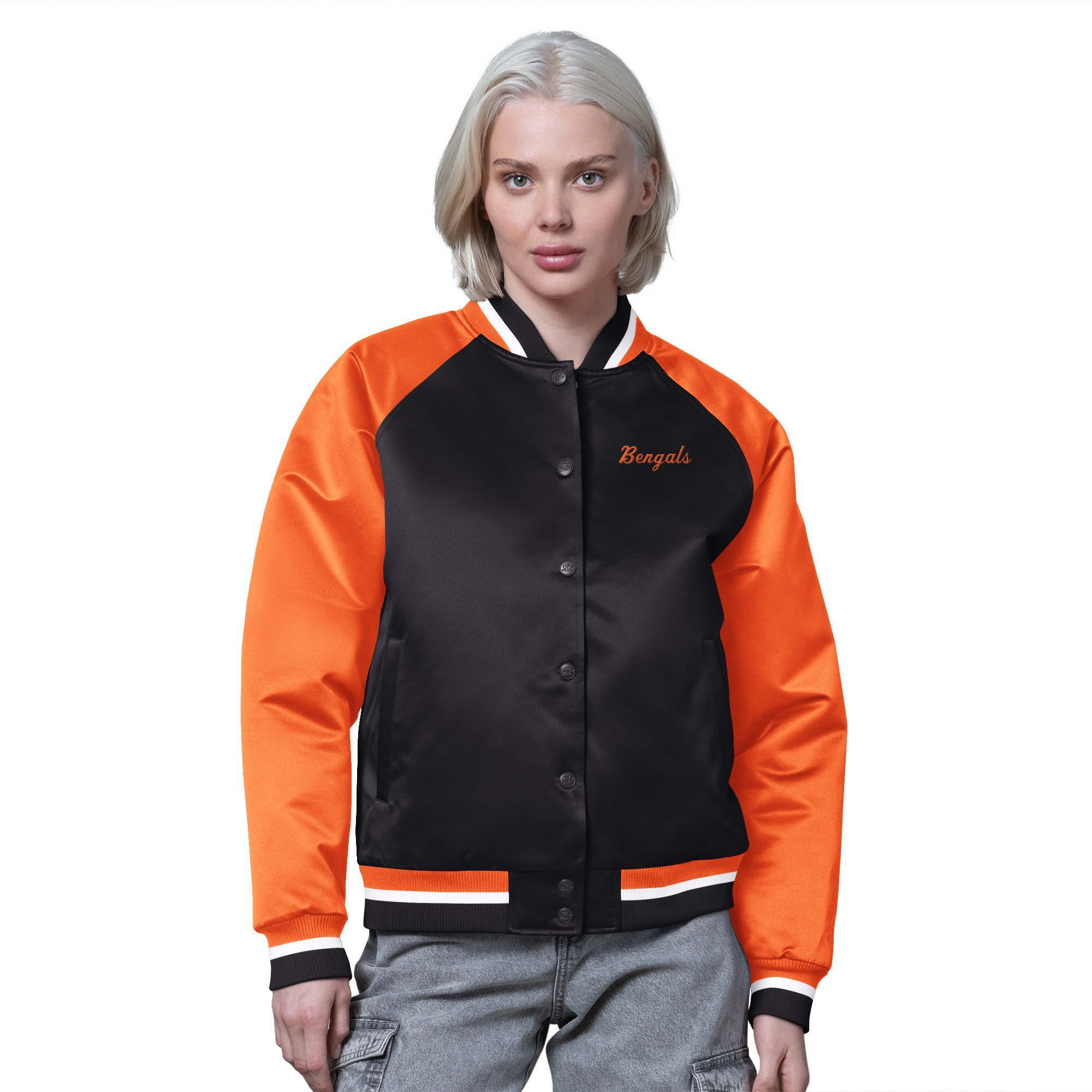Women's Starter Black/Orange Cincinnati Bengals Satin Full-Snap Vintage Varsity Jacket