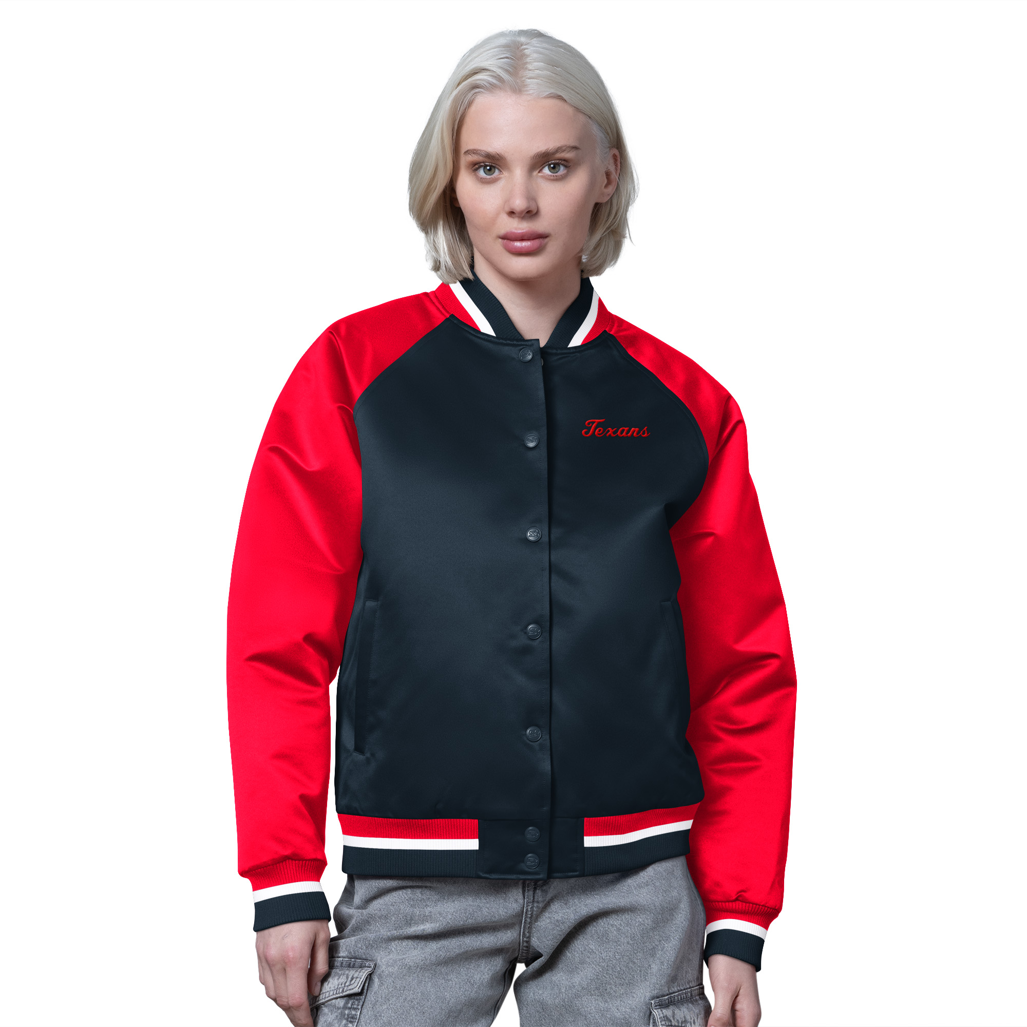 Women's Starter Navy/Red Houston Texans Satin Full-Snap Vintage Varsity Jacket