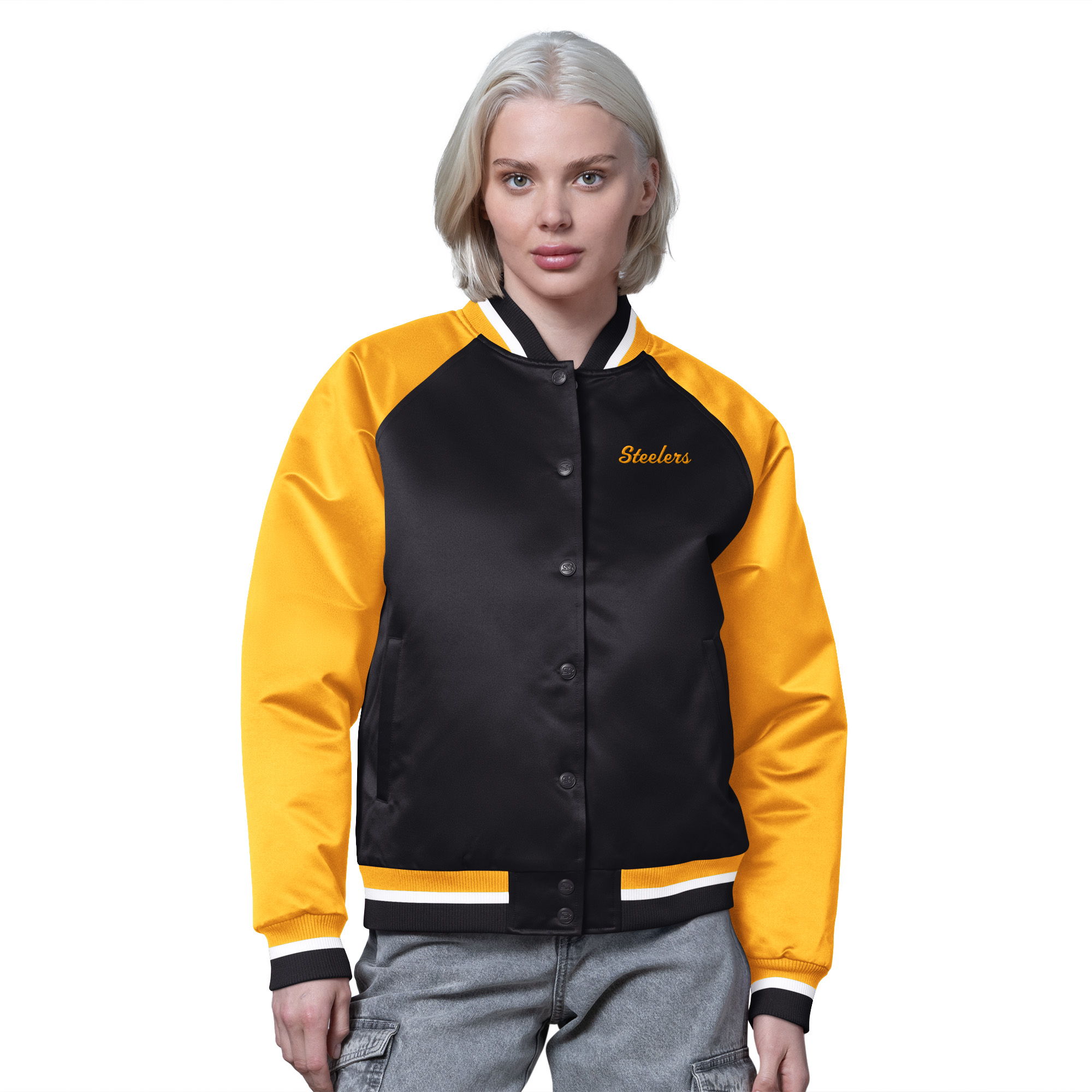 Women's Starter Black/Gold Pittsburgh Steelers Satin Full-Snap Vintage Varsity Jacket