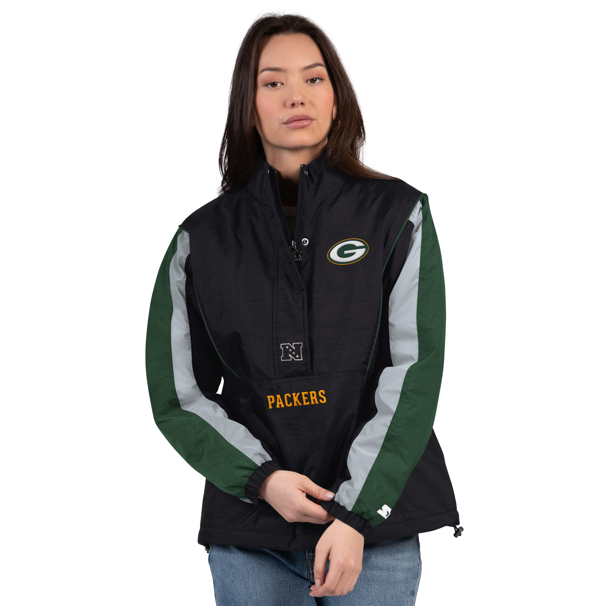 Women's Starter Black/Green Green Bay Packers Thursday Night Gridiron Half-Zip Jacket