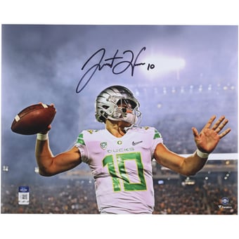 Justin Herbert Oregon Ducks Autographed 16" x 20" Smoke Warm Up Photograph
