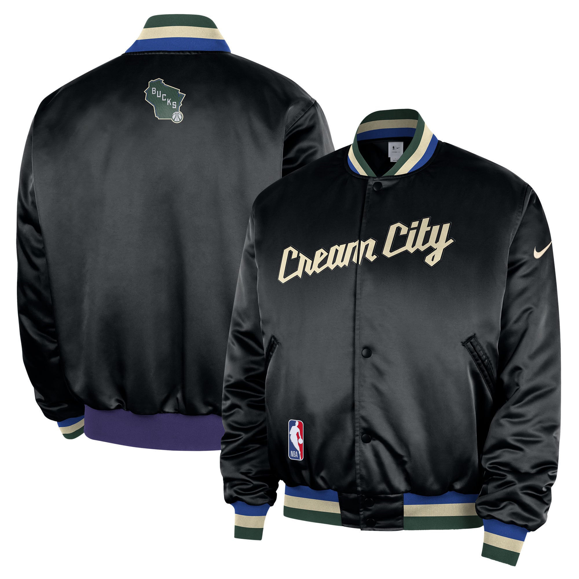 Men's Nike Black Milwaukee Bucks 2025/26 City Edition Remix Courtside Full-Snap Bomber Jacket