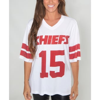 Women's FABGATING by Cuce Patrick Mahomes White Kansas City Chiefs Crystal V-Neck Tunic