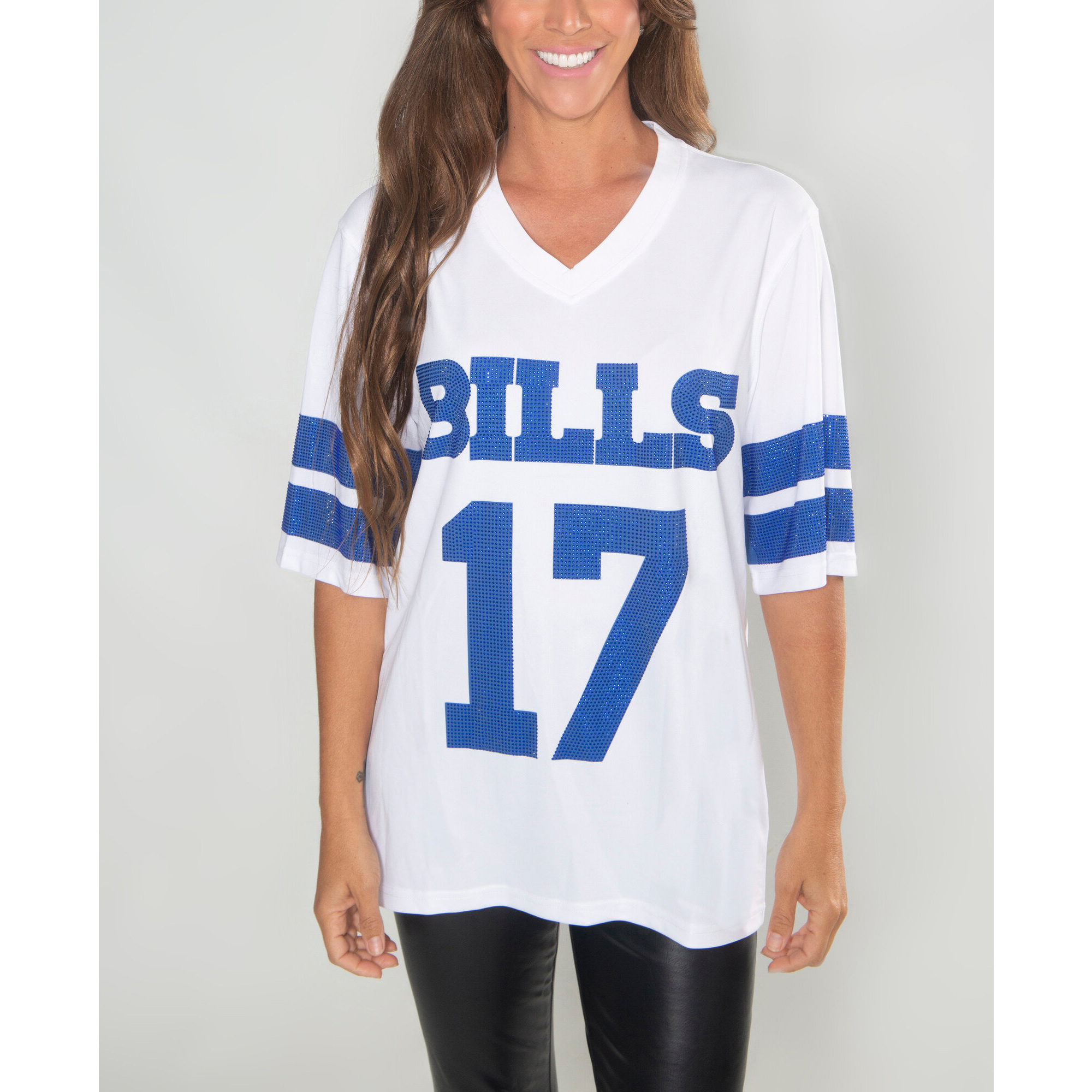Women's FABGATING by Cuce Josh Allen White Buffalo Bills Crystal V-Neck Tunic