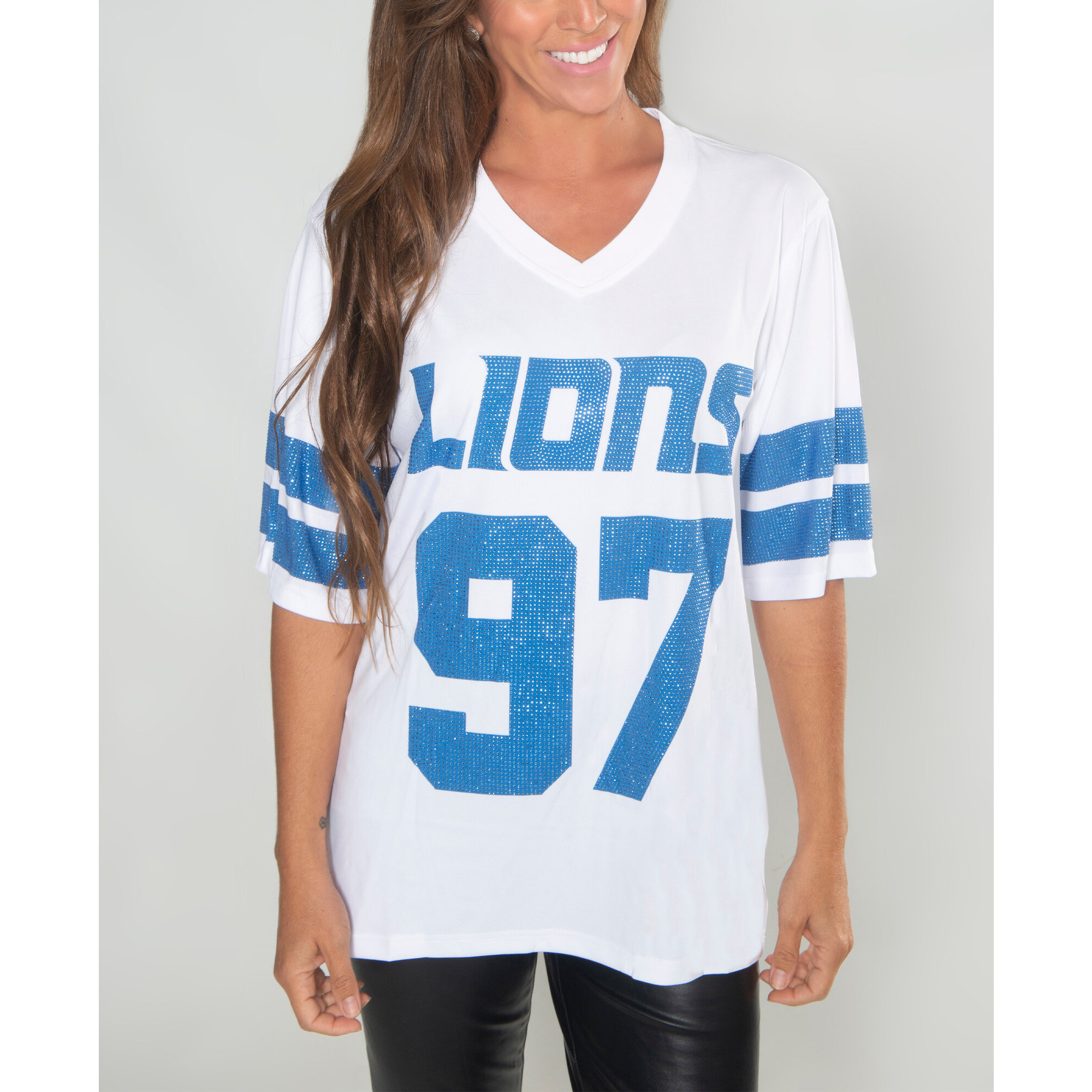 Women's FABGATING by Cuce Aidan Hutchinson White Detroit Lions Crystal V-Neck Tunic