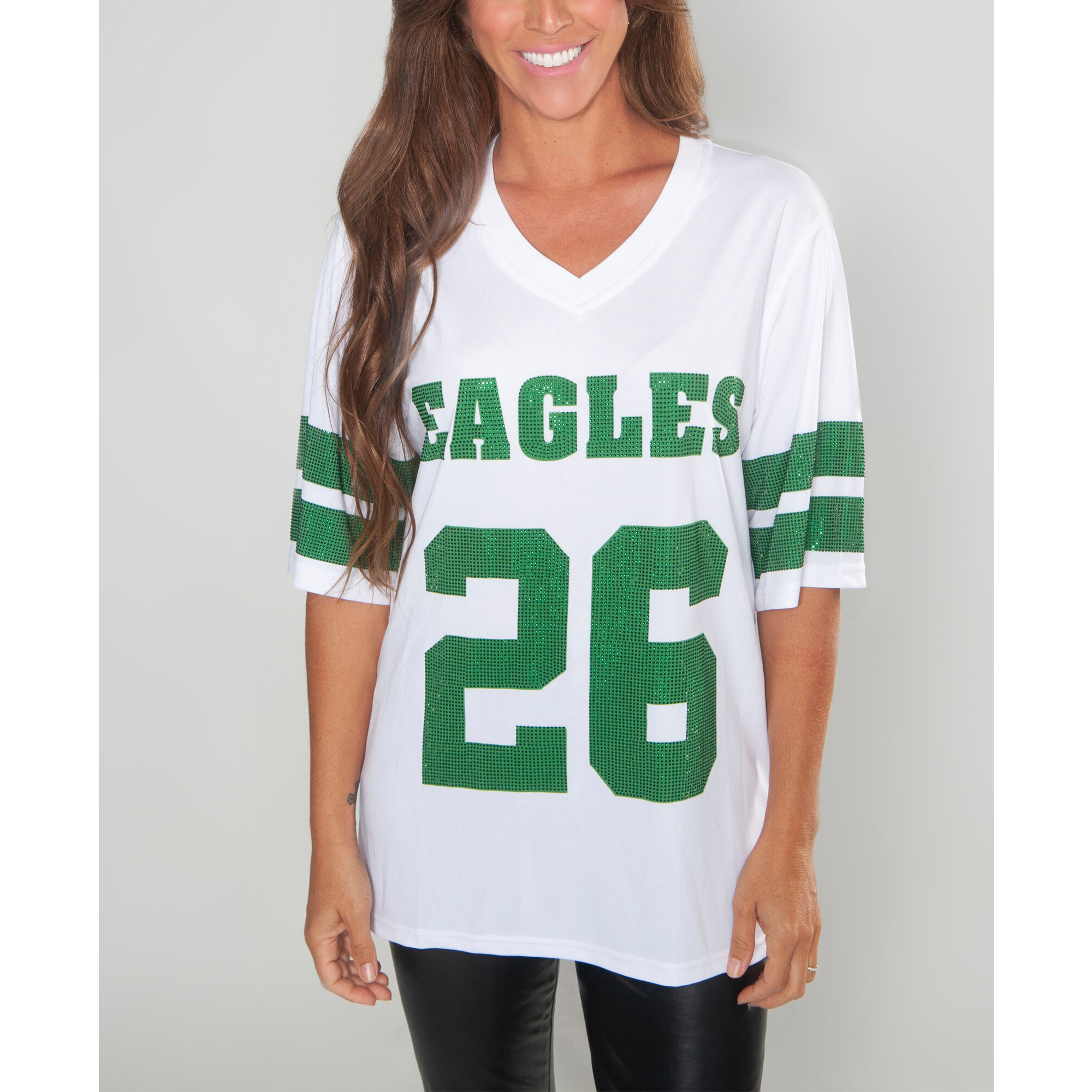 Women's FABGATING by Cuce Saquon Barkley White Philadelphia Eagles Crystal V-Neck Tunic