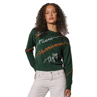 Women's Green Miami Hurricanes Love Note Embroidered Pullover Sweater