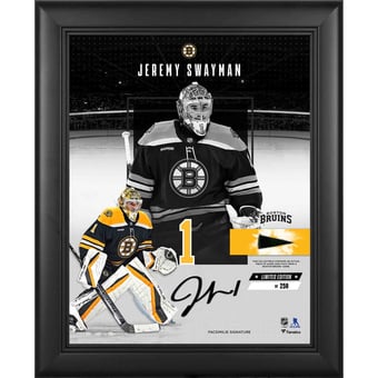 Jeremy Swayman Boston Bruins Facsimile Signature Framed 11" x 14" Showcase Collage with a Piece of Game-Used Puck - Limited Edition of 250