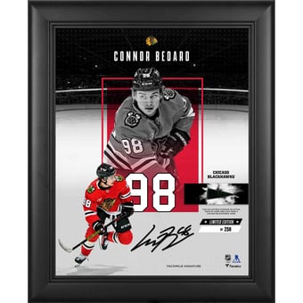 Connor Bedard Chicago Blackhawks Facsimile Signature Framed 11" x 14" Showcase Collage with a Piece of Game-Used Puck - Limited Edition of 250