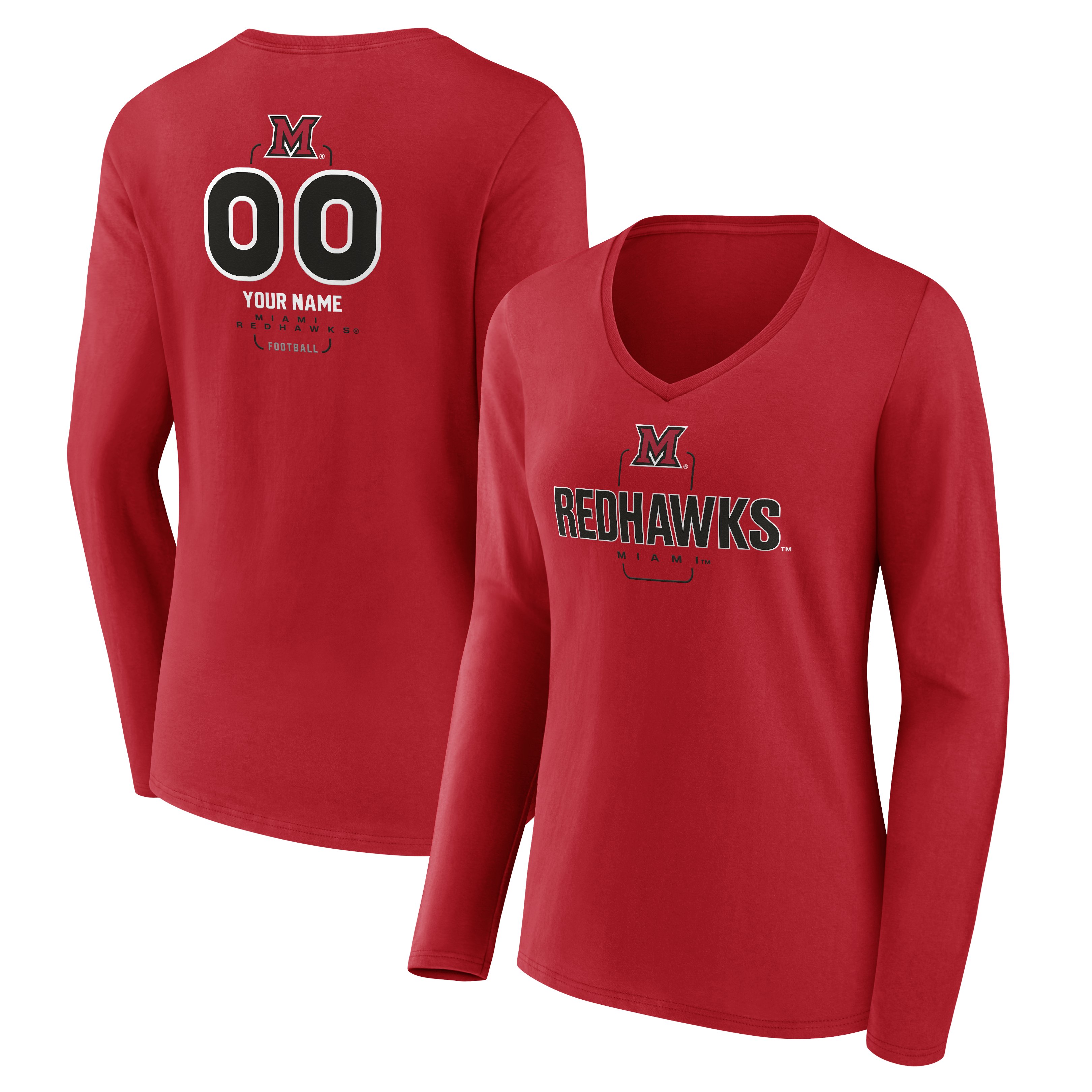 Women's Red Miami University RedHawks Personalized Name & Number Midfielder Long Sleeve V-Neck T-Shirt