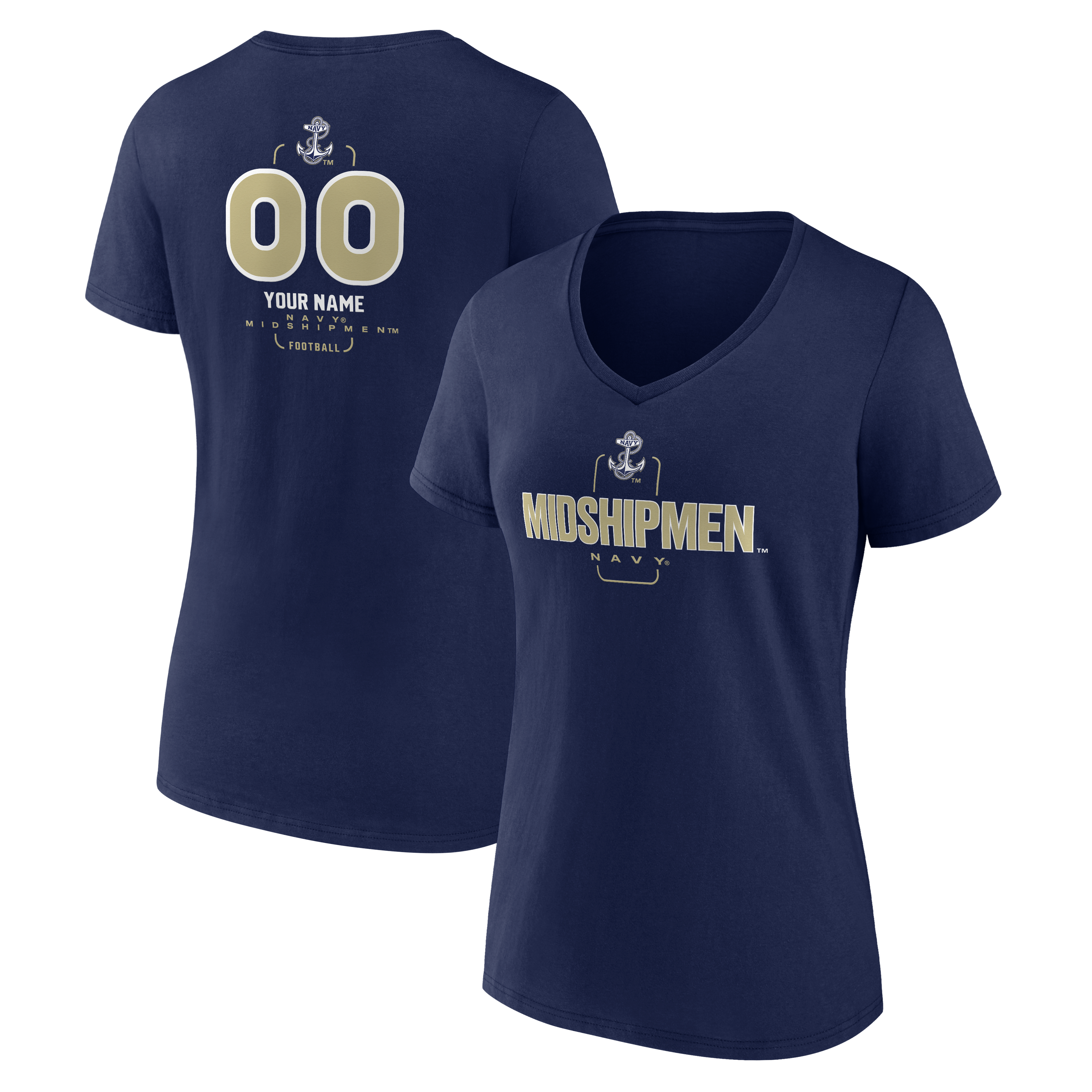 Women's Navy Navy Midshipmen Personalized Name & Number Midfielder V-Neck T-Shirt