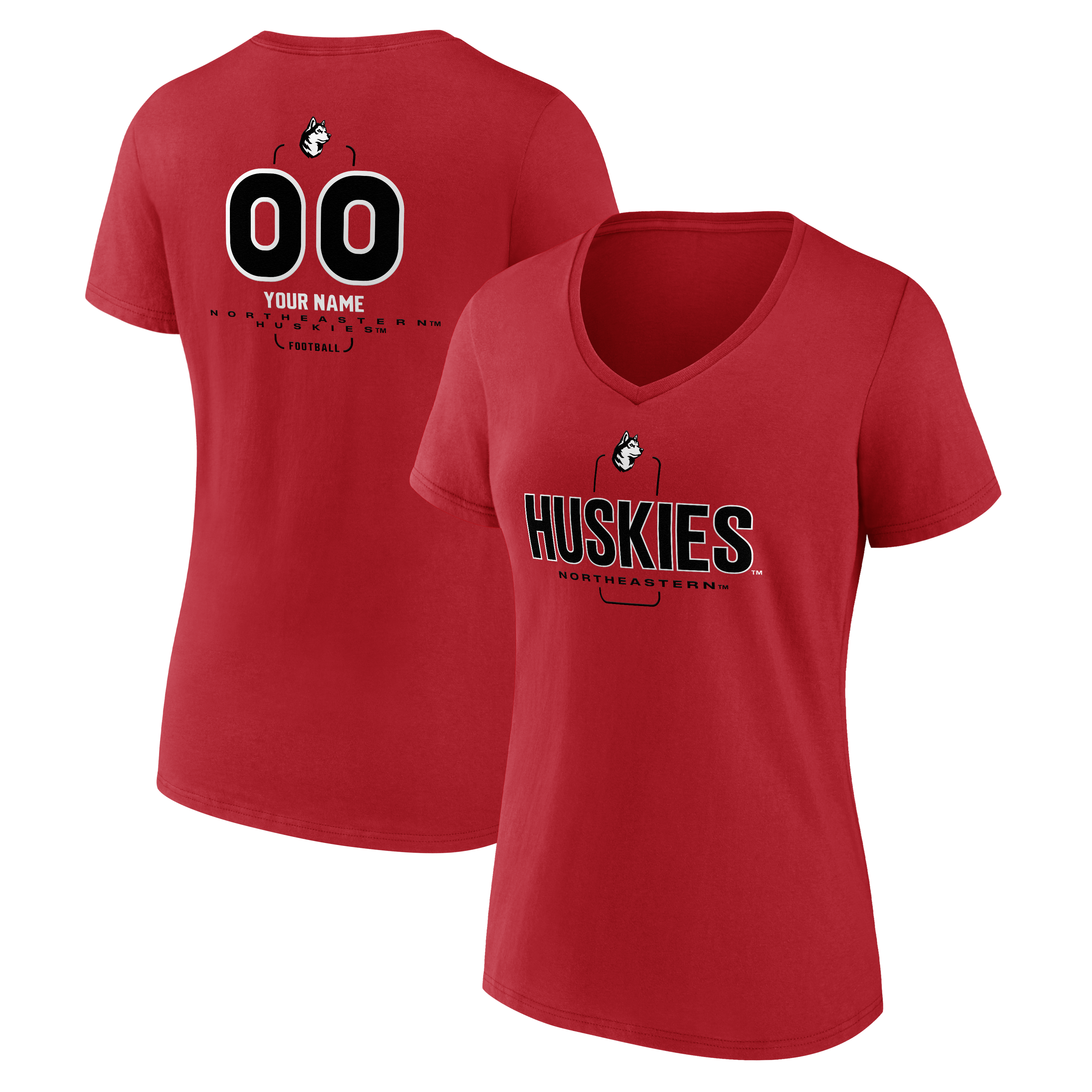 Women's Red Northeastern Huskies Personalized Name & Number Midfielder V-Neck T-Shirt