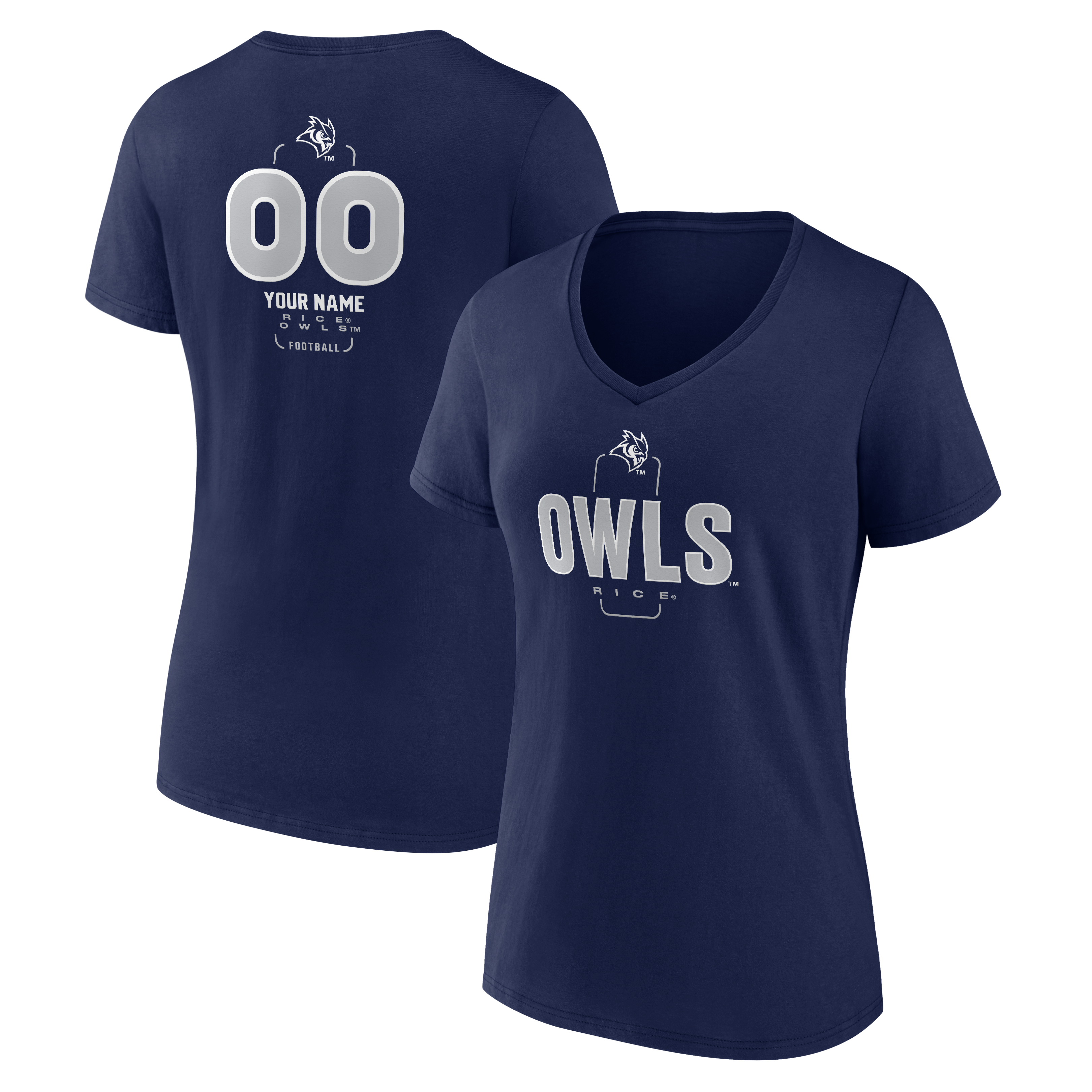 Women's Navy Rice Owls Personalized Name & Number Midfielder V-Neck T-Shirt