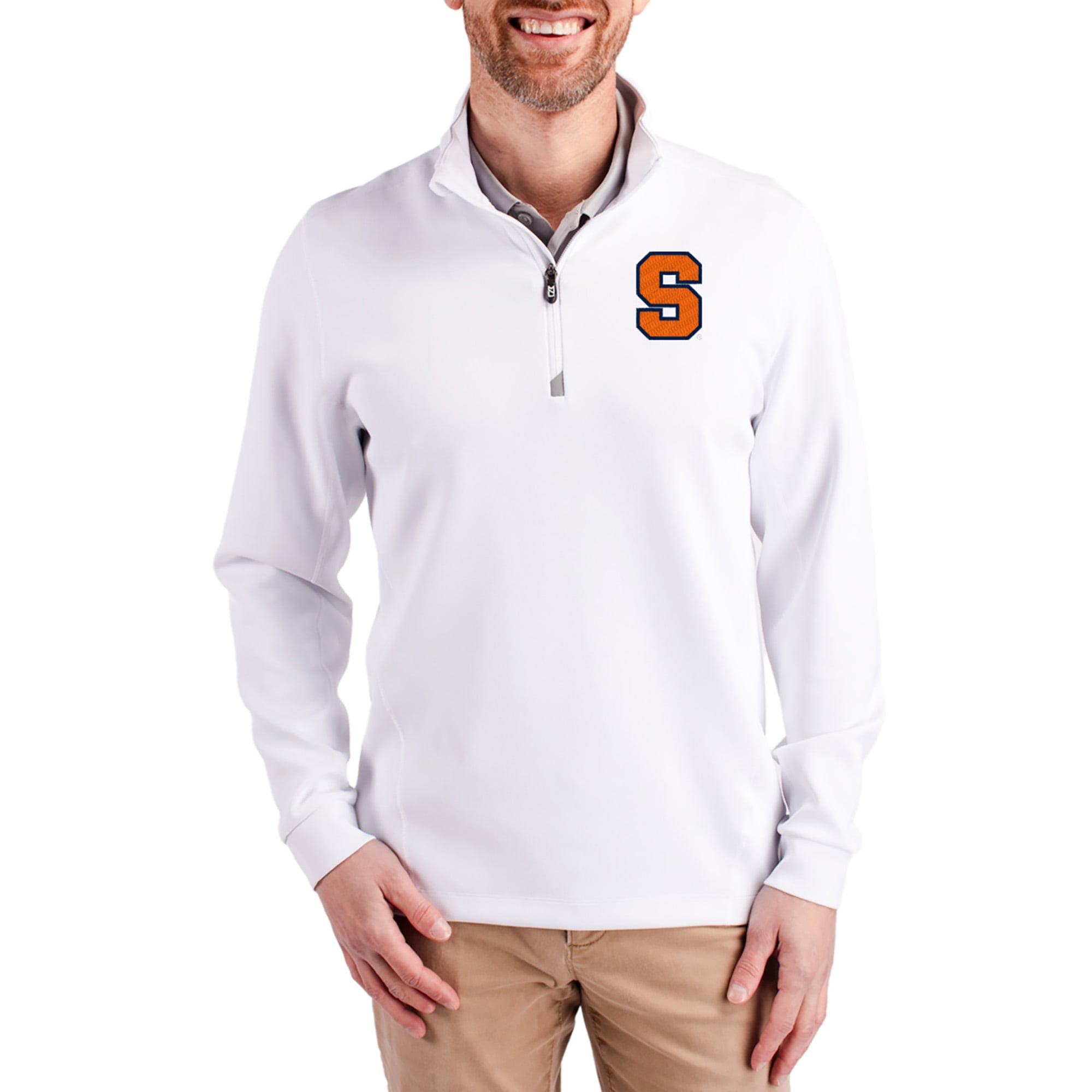 Men's Cutter & Buck  White Syracuse Orange DryTec Traverse Stretch Eco Tri-Blend Quarter-Zip Pullover