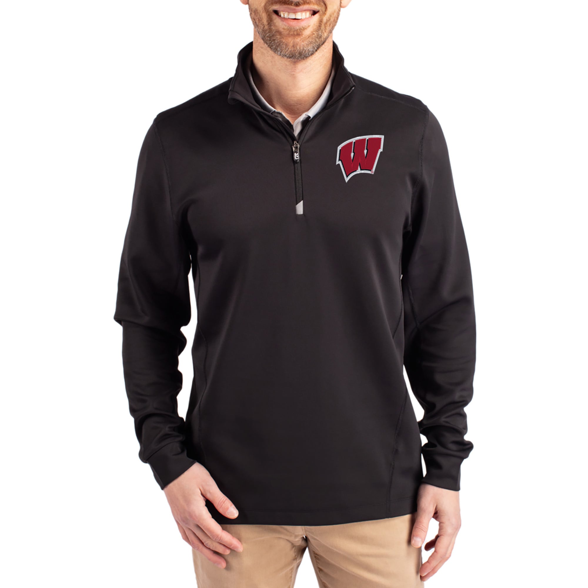 Men's Cutter & Buck  Black Wisconsin Badgers DryTec Traverse Stretch Eco Tri-Blend Quarter-Zip Pullover
