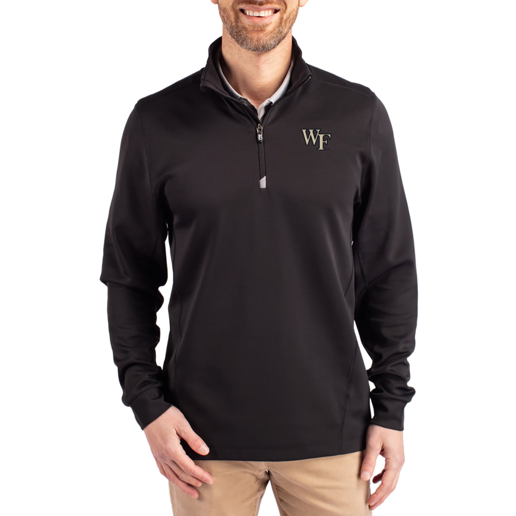 Men's Cutter & Buck  Black Wake Forest Demon Deacons DryTec Traverse Stretch Eco Tri-Blend Quarter-Zip Pullover
