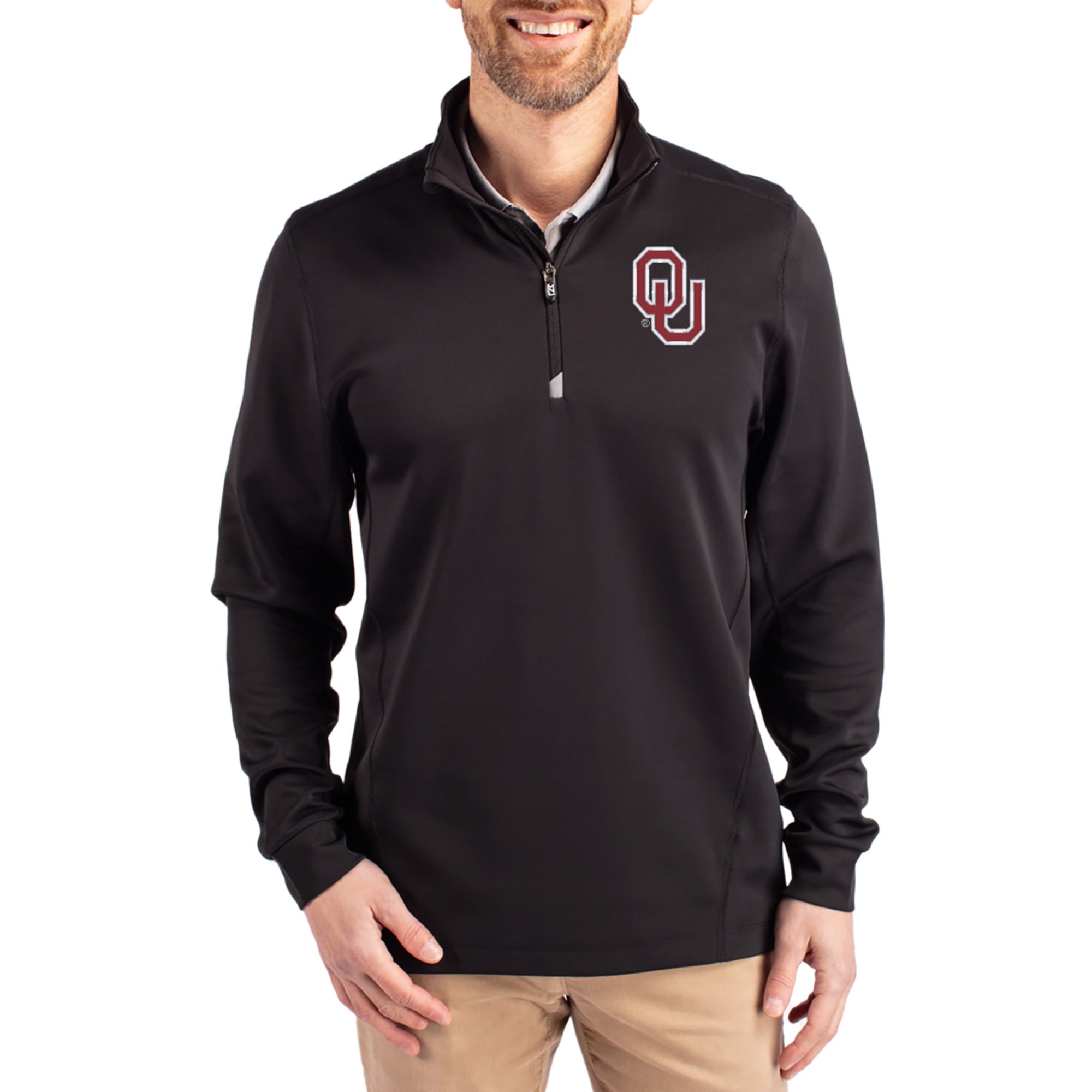 Men's Cutter & Buck  Black Oklahoma Sooners DryTec Traverse Stretch Eco Tri-Blend Quarter-Zip Pullover