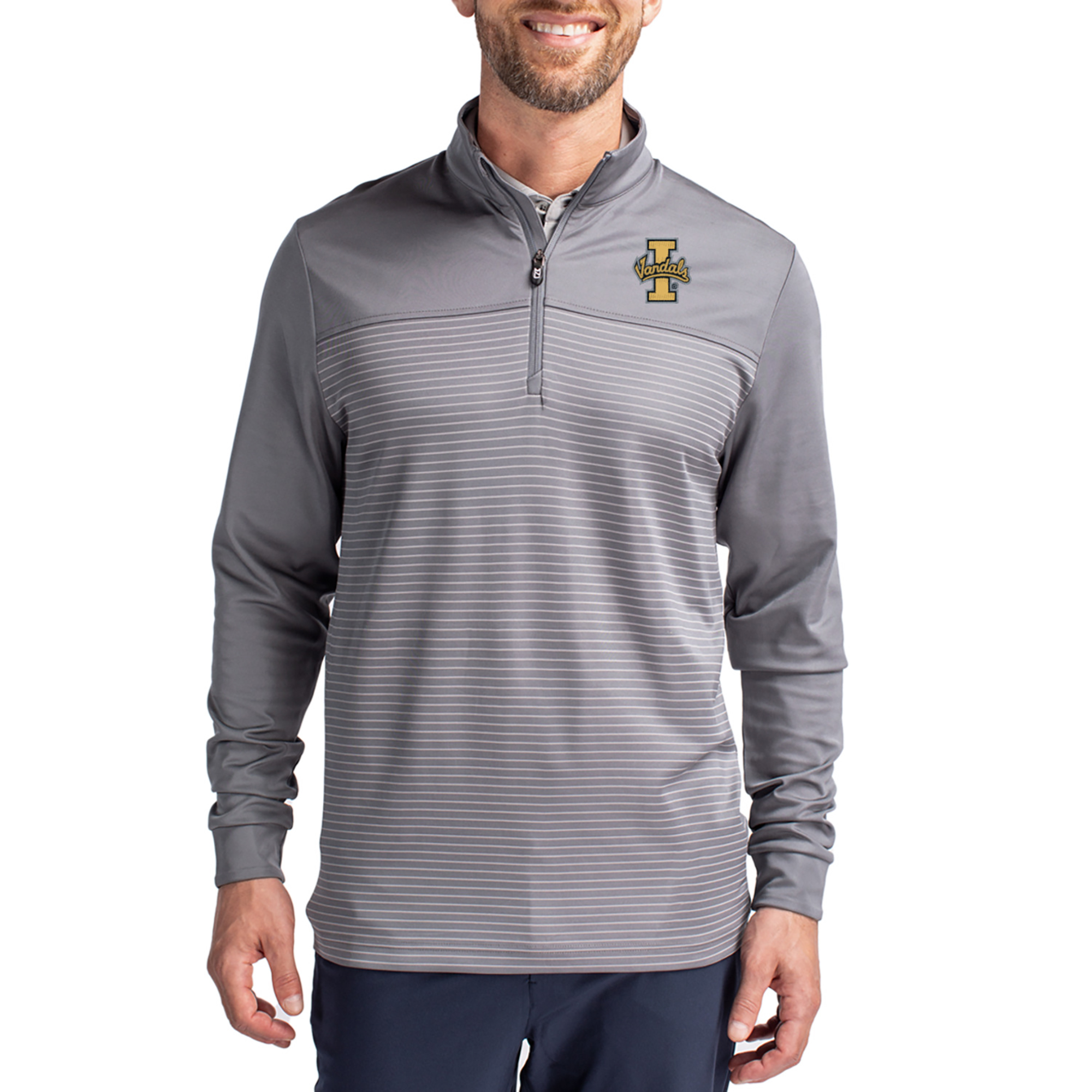 Men’s Cutter & Buck Gray Idaho Vandals Traverse Stretch Eco Stripe DryTec Tri-Blend Quarter-Zip Pullover