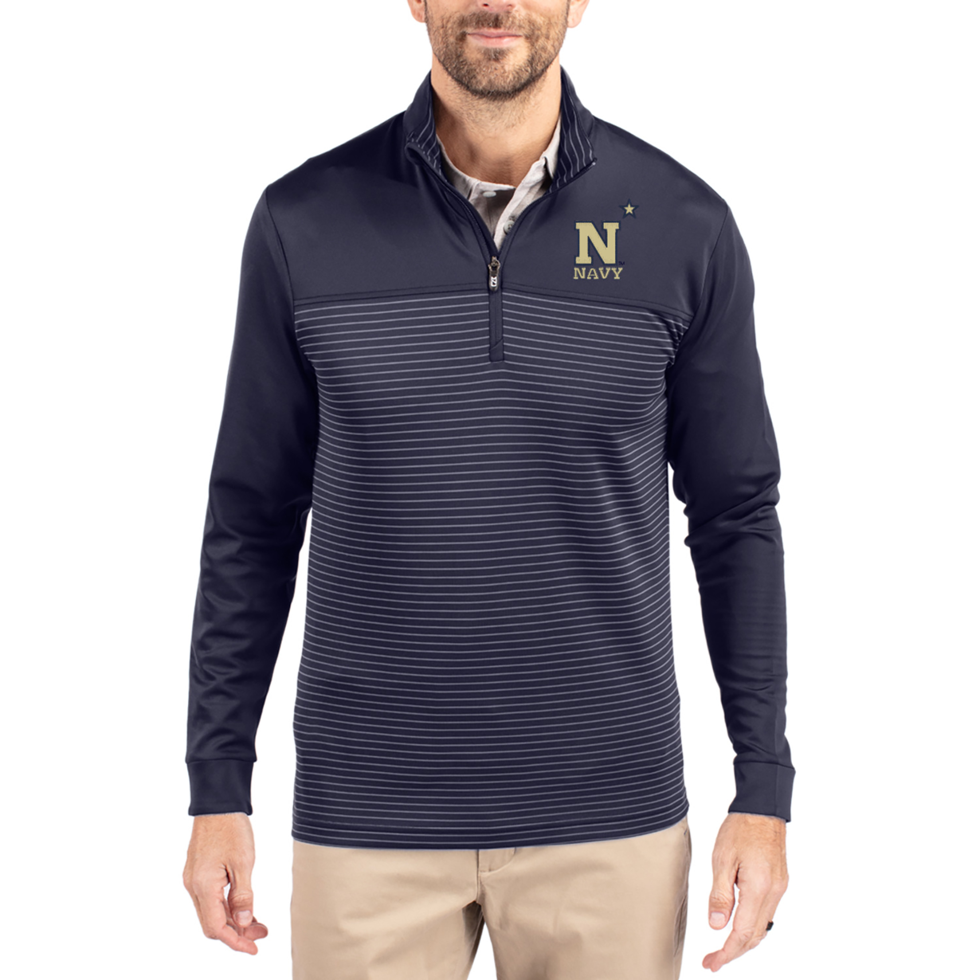 Men's Cutter & Buck  Navy Navy Midshipmen Traverse Stretch Eco Stripe DryTec Tri-Blend Quarter-Zip Pullover