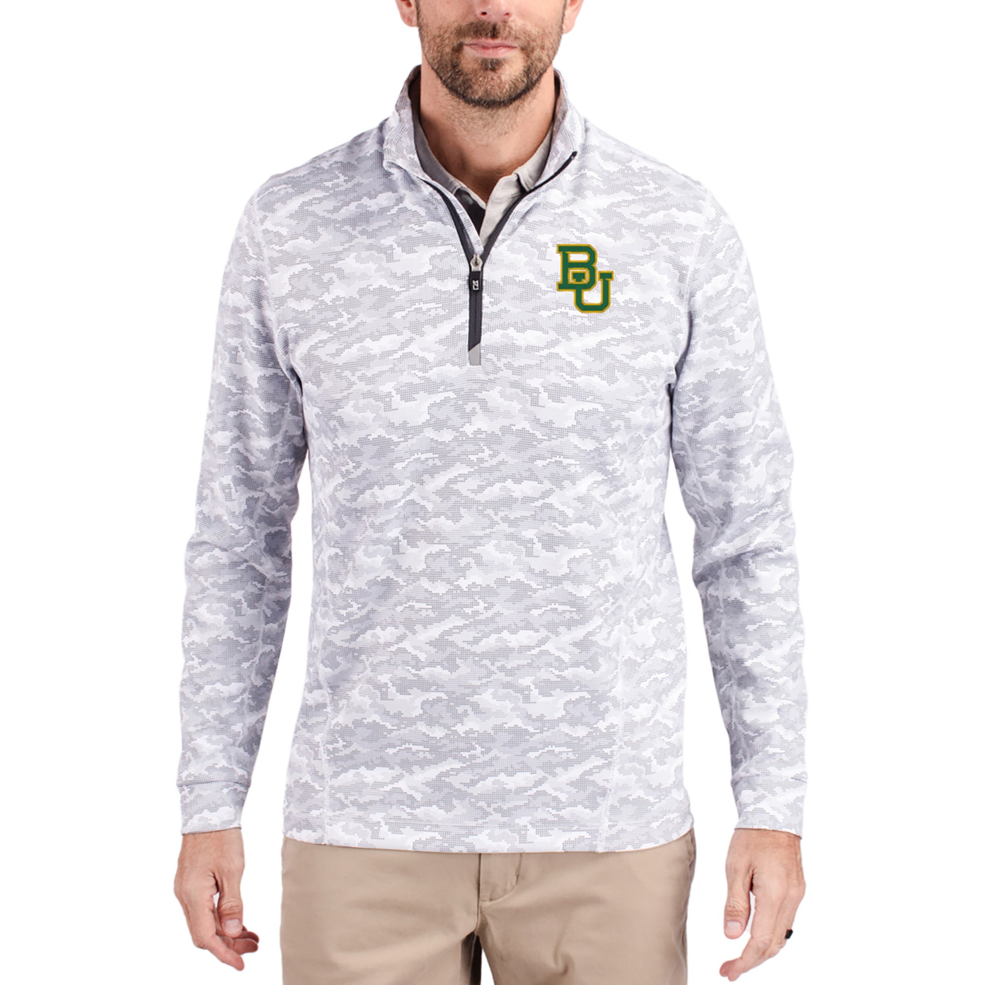 Men's Cutter & Buck  Gray Baylor Bears Traverse Stretch Eco Camo DryTec Tri-Blend Quarter-Zip Pullover