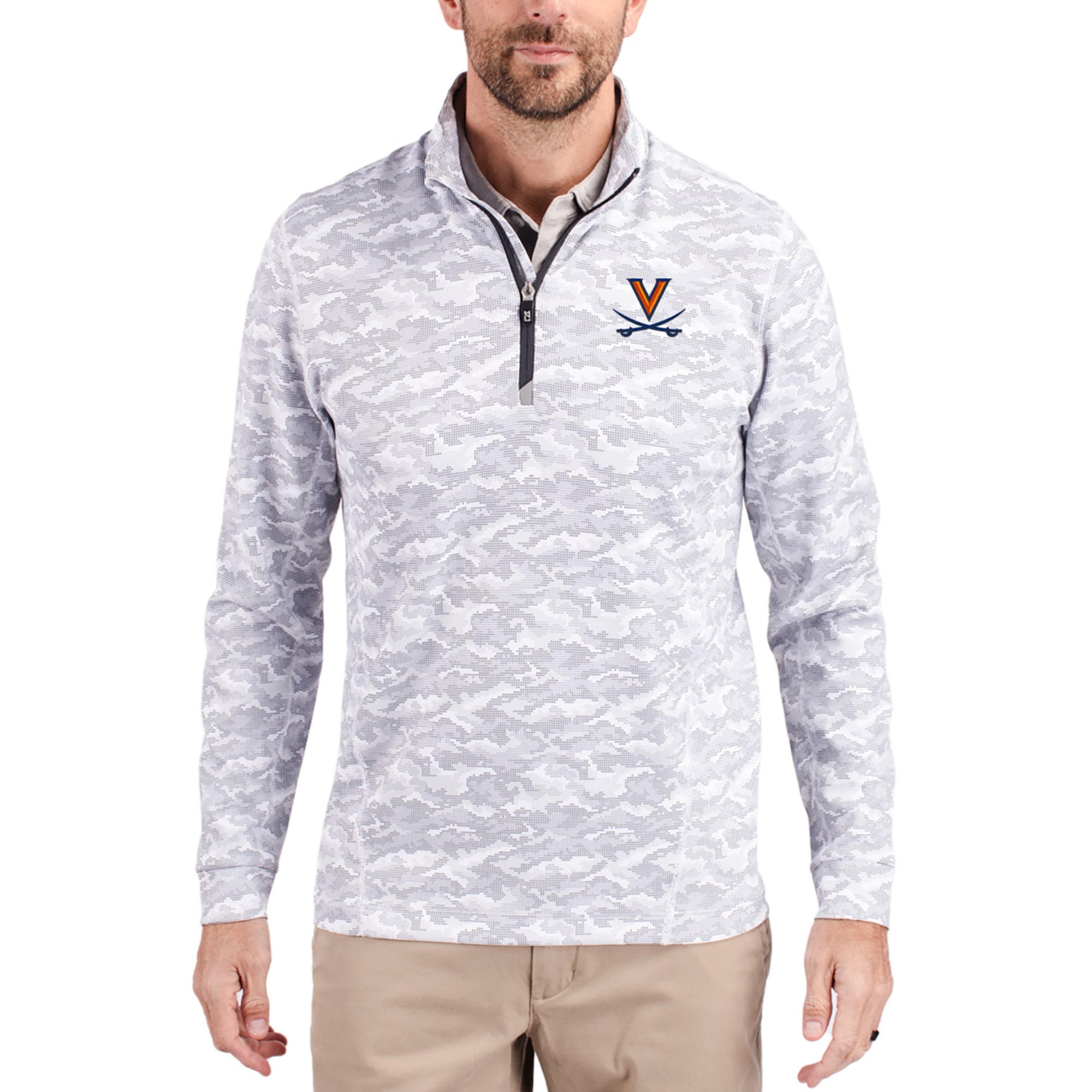 Men's Cutter & Buck  Gray Virginia Cavaliers Traverse Stretch Eco Camo DryTec Tri-Blend Quarter-Zip Pullover