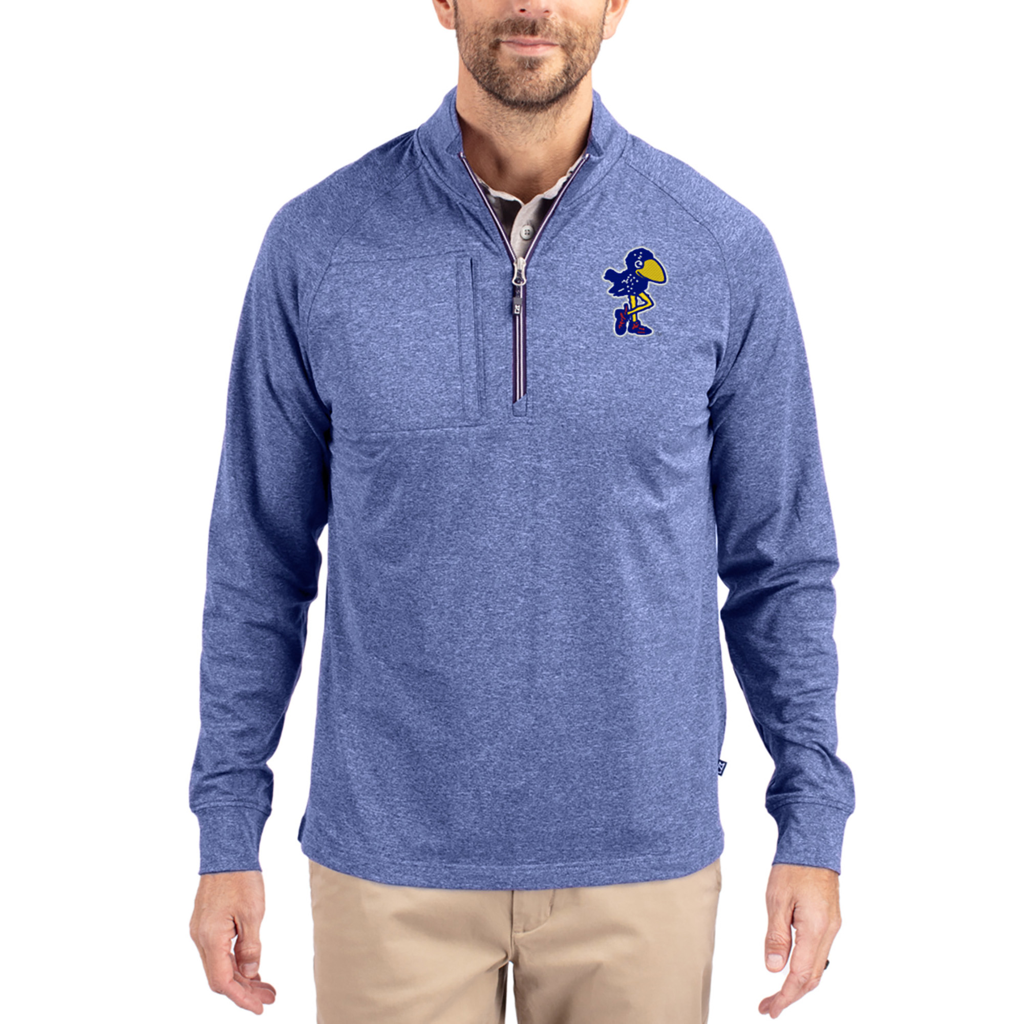Women's Cutter & Buck  Heather Blue Kansas Jayhawks Adapt Eco Knit Stretch Recycled DryTec Raglan Quarter-Zip Pullover