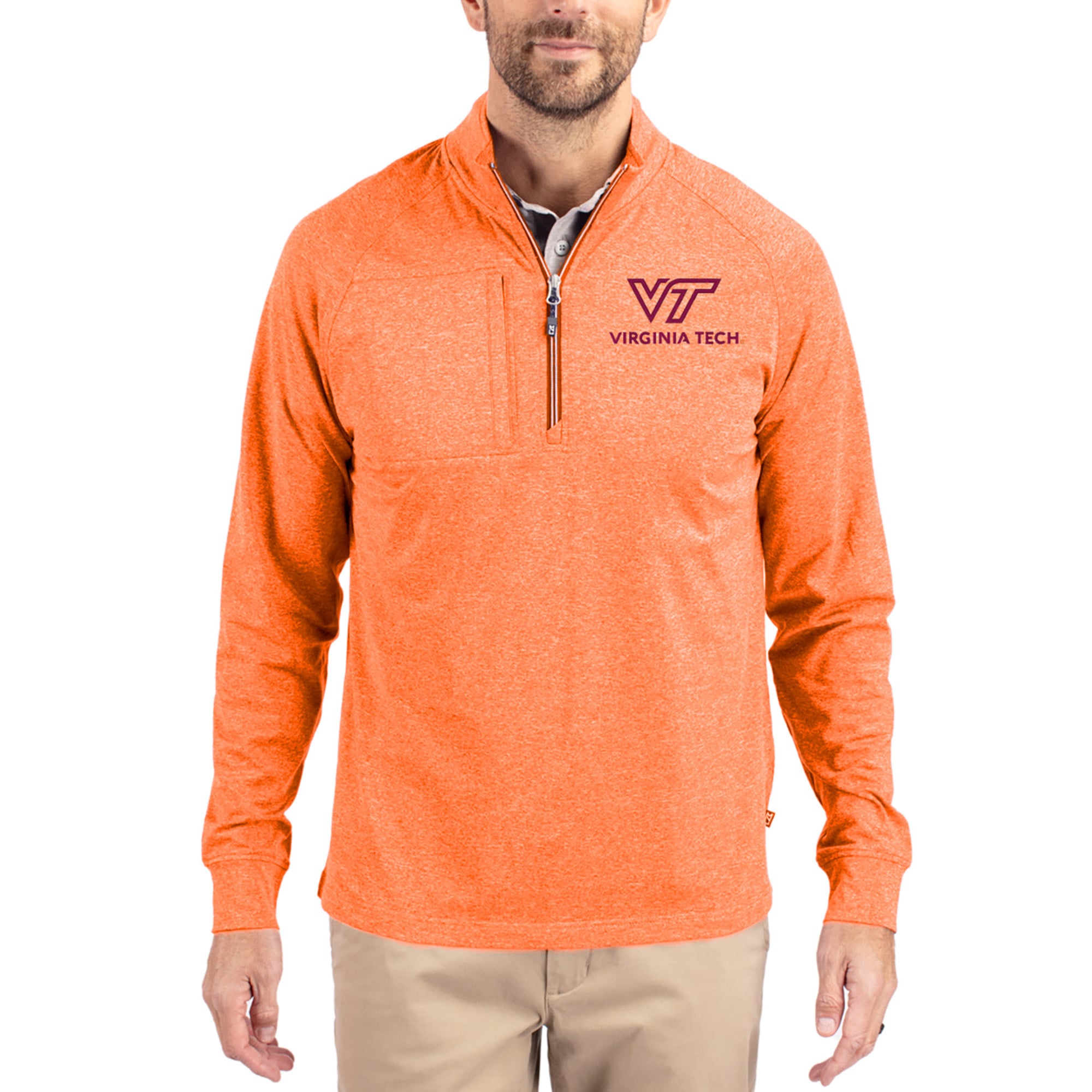Women's Cutter & Buck  Heather Orange Virginia Tech Hokies Adapt Eco Knit Stretch Recycled DryTec Raglan Quarter-Zip Pullover