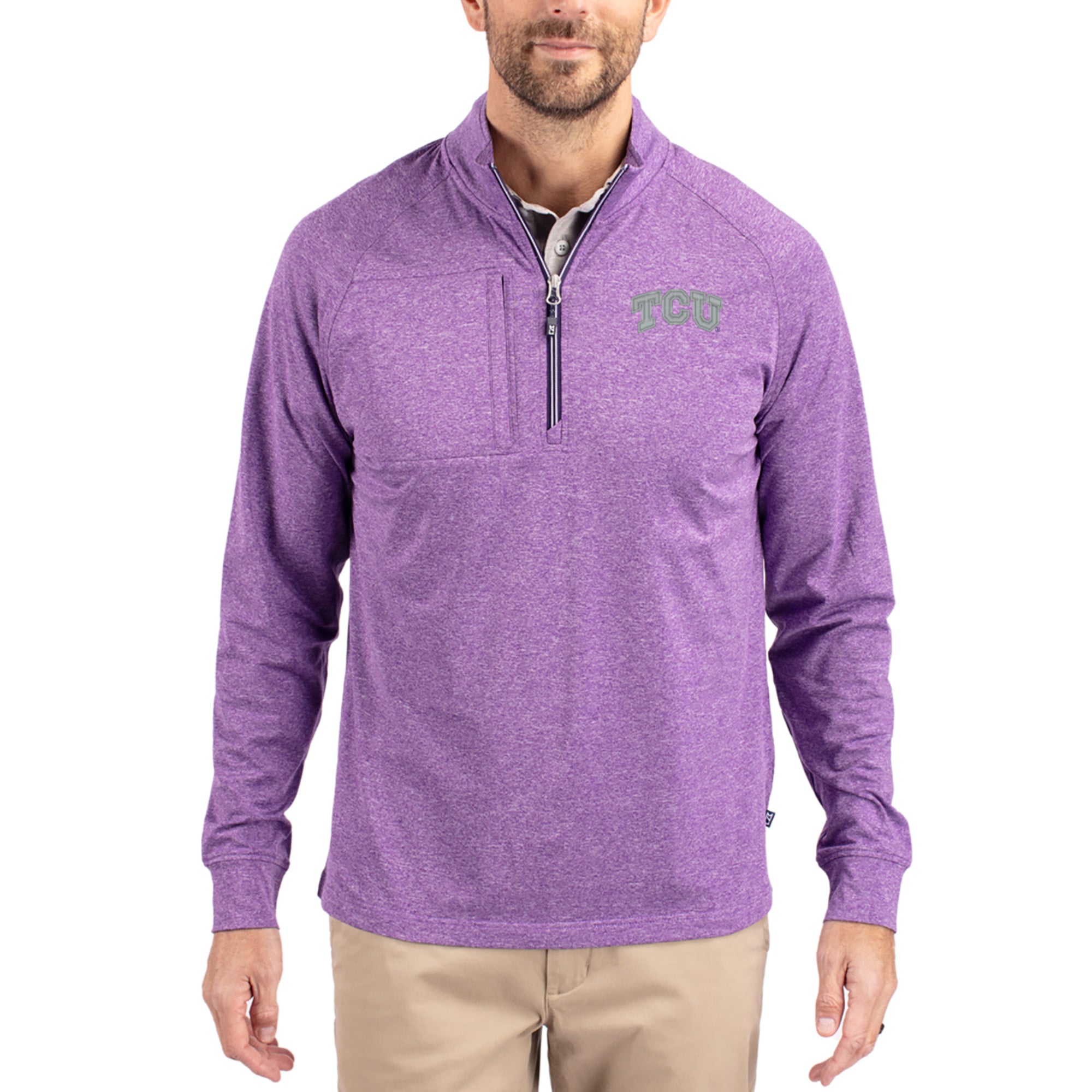 Women's Cutter & Buck Heather TCU Horned Frogs Adapt Eco Knit Stretch Recycled DryTec Raglan Quarter-Zip Pullover