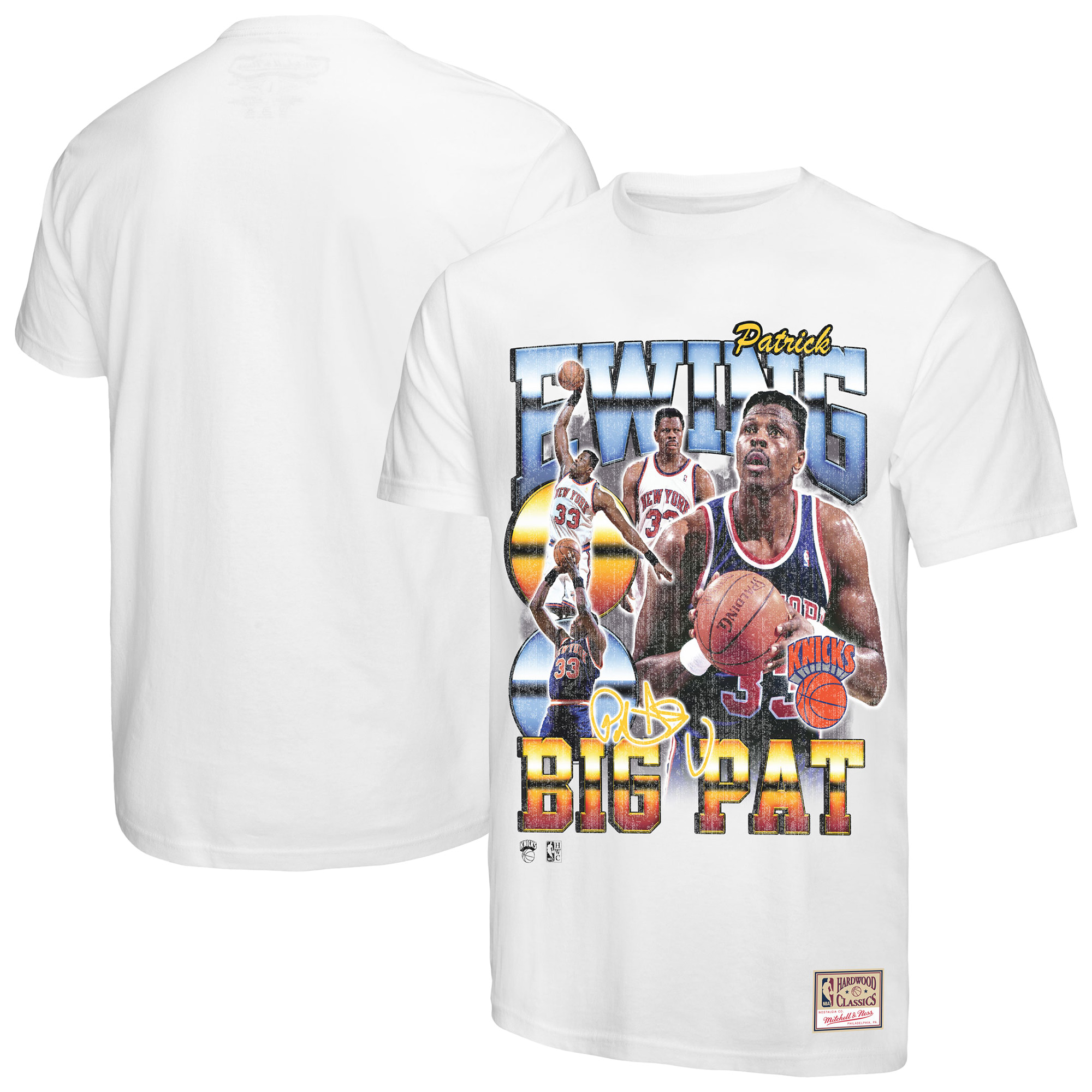 Men’s Mitchell & Ness Patrick Ewing White New York Knicks Hardwood Classics Commemorative Player Collage T-Shirt Men’s Mitchell & Ness Patrick Ewing White New York Knicks Hardwood Classics Commemorative Player Collage T-Shirt
