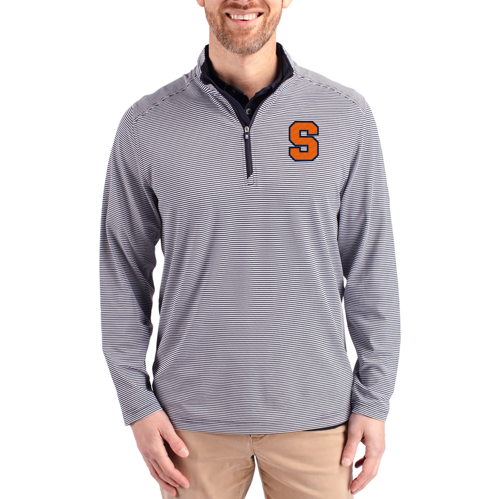 Men's Cutter & Buck  Navy Syracuse Orange Virtue Micro Stripe DryTec Quarter-Zip Pullover