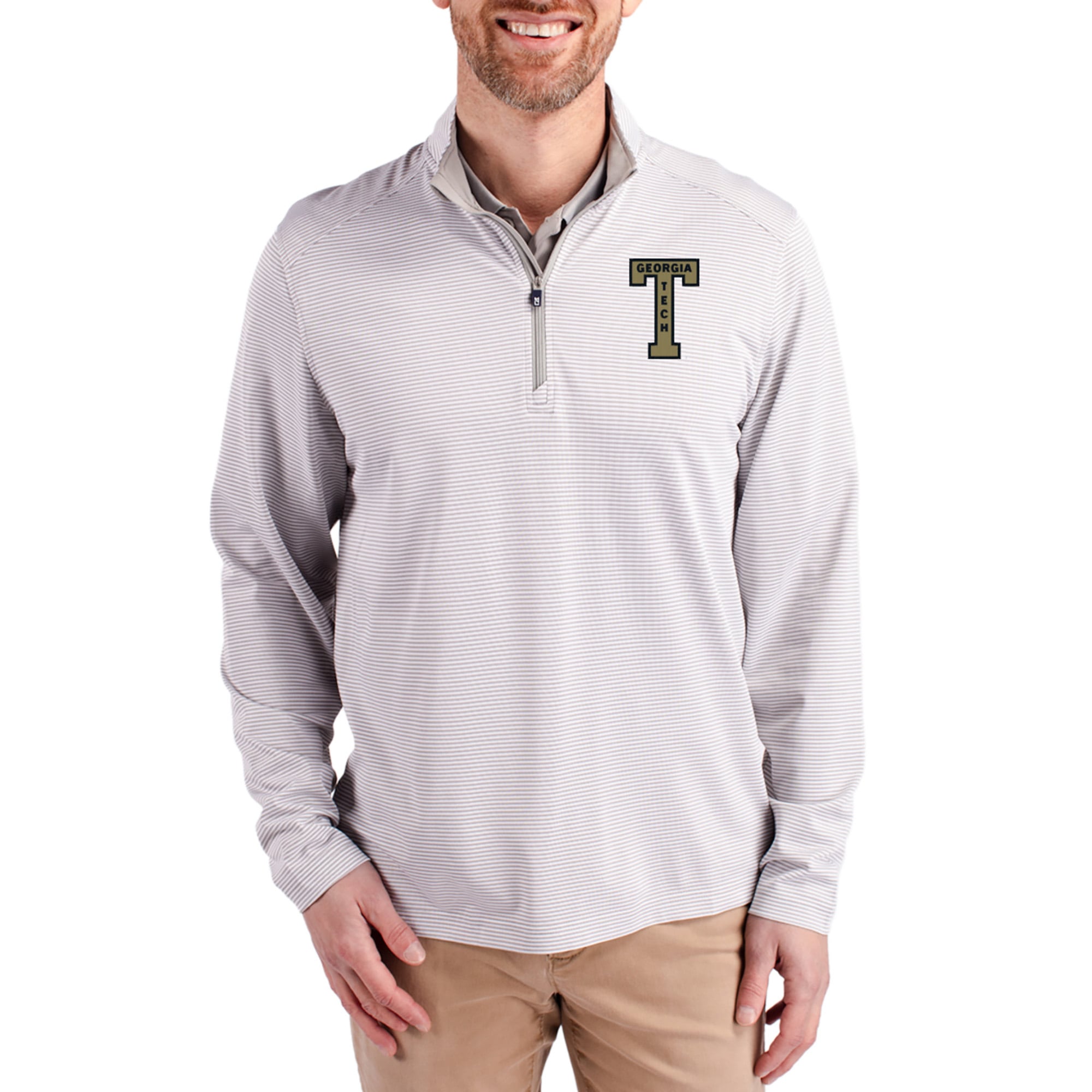 Men's Cutter & Buck  Gray Georgia Tech Yellow Jackets Virtue Micro Stripe DryTec Quarter-Zip Pullover