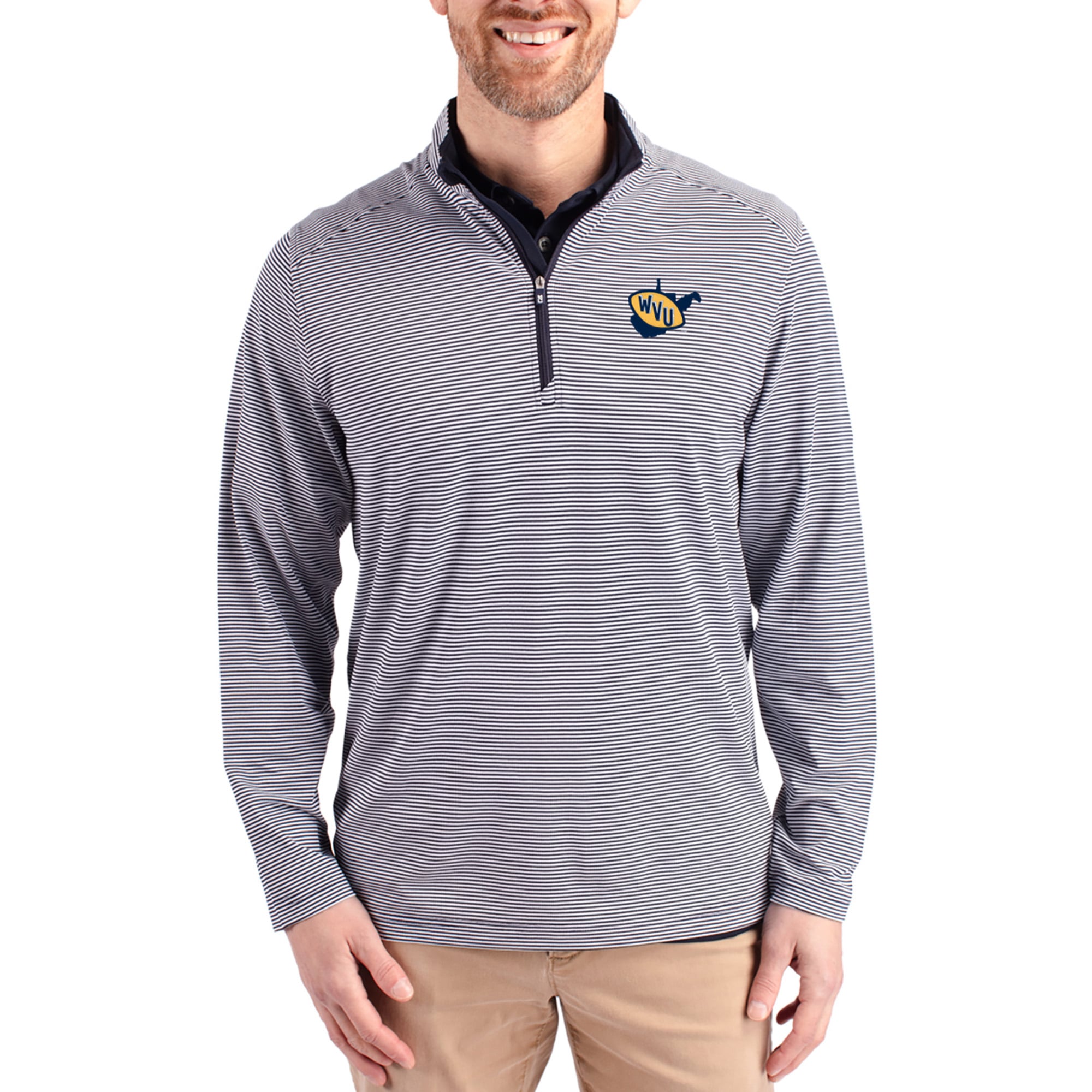 Men's Cutter & Buck  Navy West Virginia Mountaineers Virtue Micro Stripe DryTec Quarter-Zip Pullover