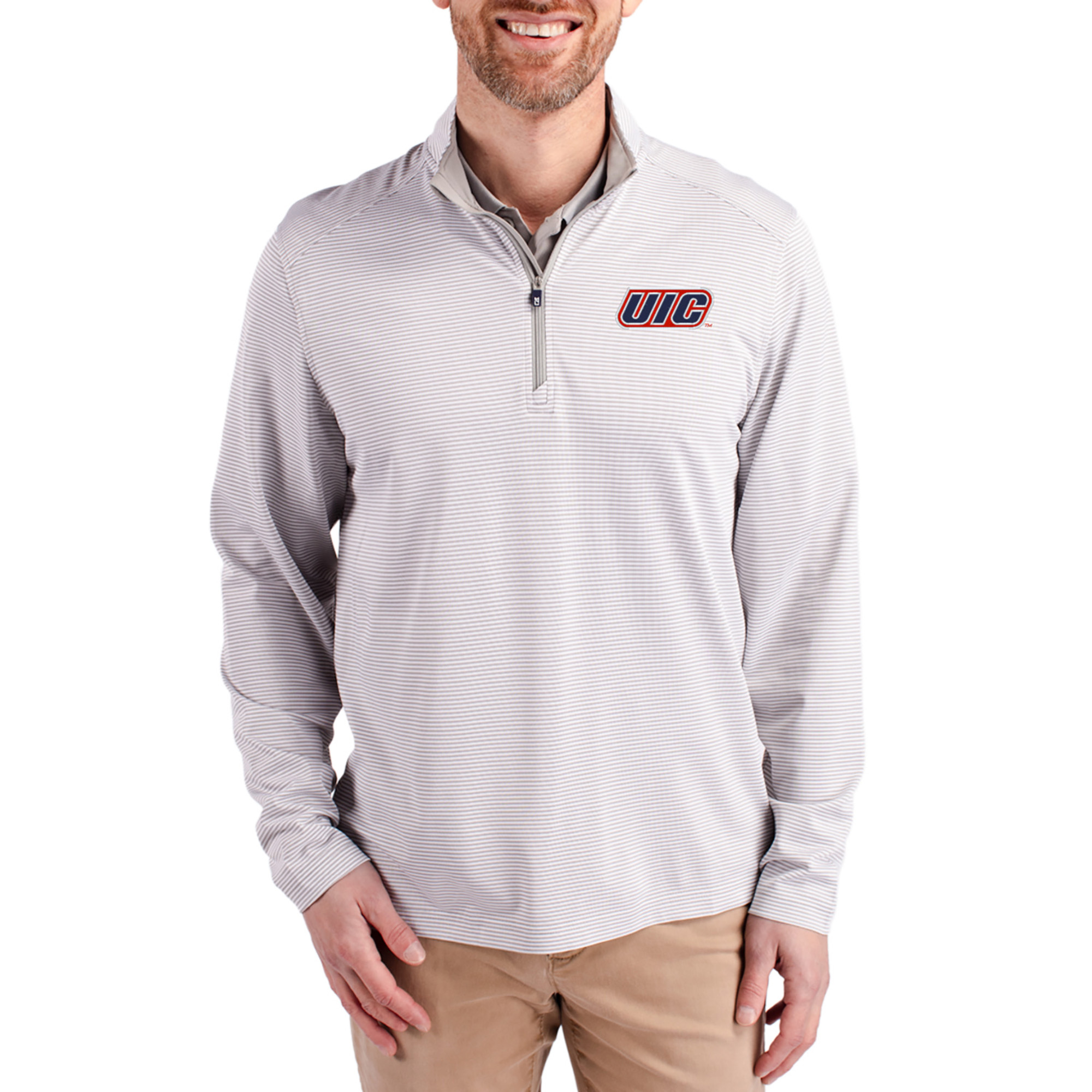 Men’s Cutter & Buck Gray UIC Flames Virtue Micro Stripe DryTec Quarter-Zip Pullover Men’s Cutter & Buck Gray UIC Flames Virtue Micro Stripe DryTec Quarter-Zip Pullover