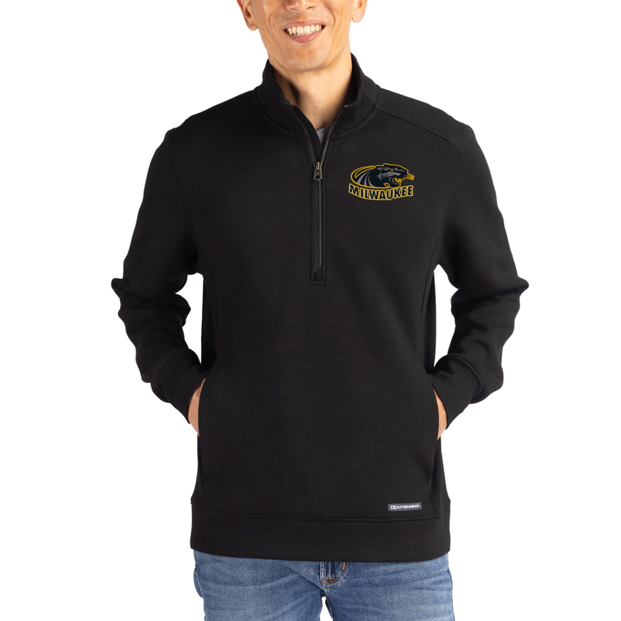 Men’s Cutter & Buck Black Wisconsin-Milwaukee Panthers Roam Eco Recycled Quarter-Zip Pullover