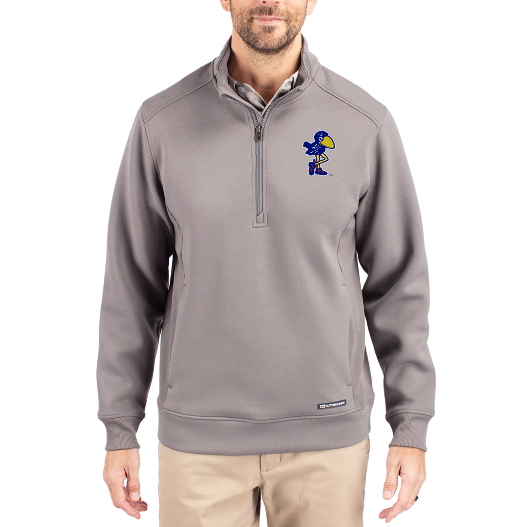 Men's Cutter & Buck  Gray Kansas Jayhawks Roam Eco Recycled Quarter-Zip Pullover