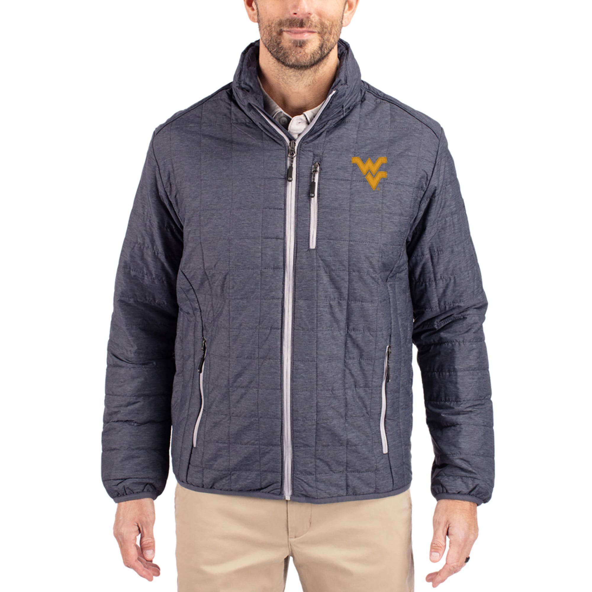 Men's Cutter & Buck  Anthracite West Virginia Mountaineers Rainier Eco Insulated PrimaLoft Full-Zip Puffer Jacket