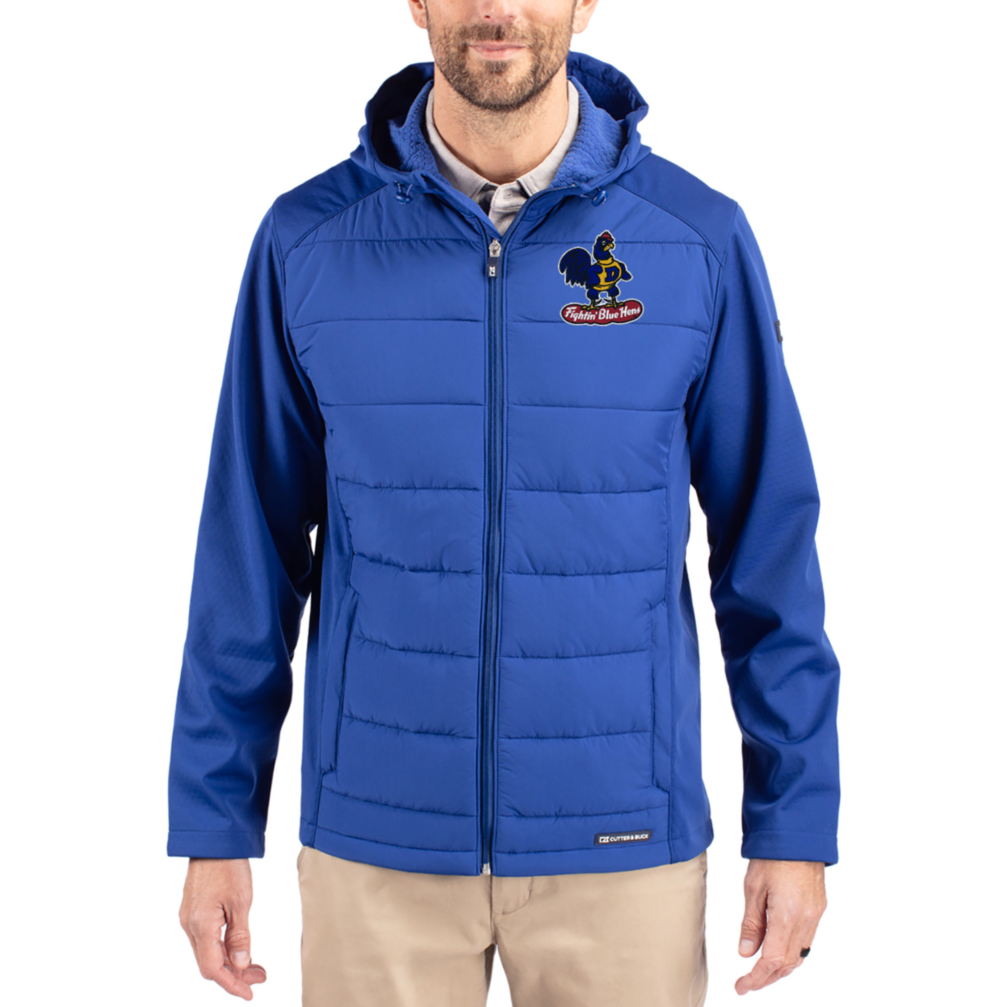 Men's Cutter & Buck Blue Delaware Fightin' Blue Hens Evoke Hybrid Eco Softshell Recycled Full Zip Hooded Jacket