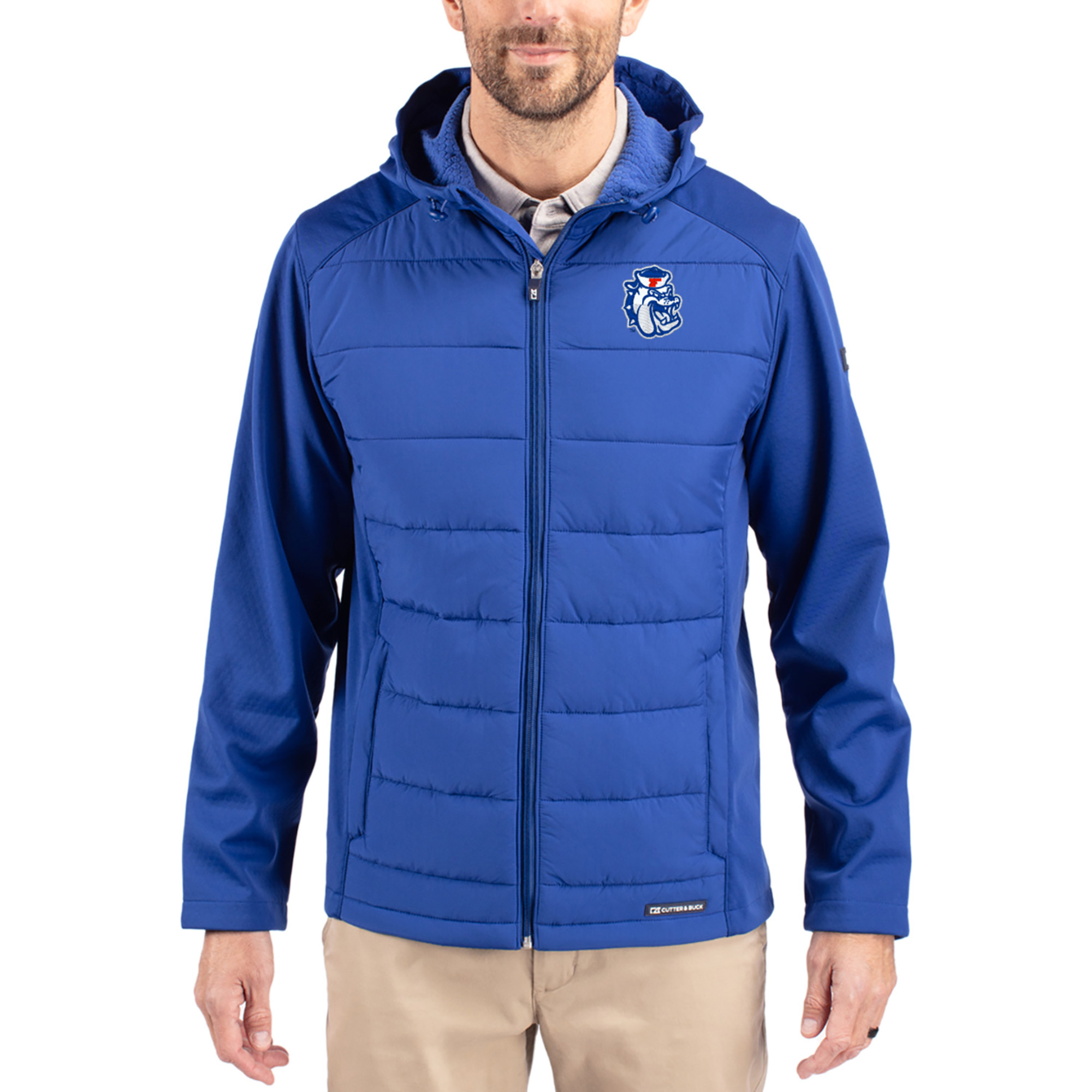 Men's Cutter & Buck Blue Fresno State Bulldogs Evoke Hybrid Eco Softshell Recycled Full Zip Hooded Jacket