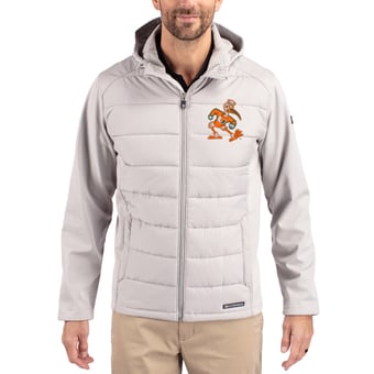 Men's Cutter & Buck Gray Miami Hurricanes Evoke Hybrid Eco Softshell Recycled Full Zip Hooded Jacket