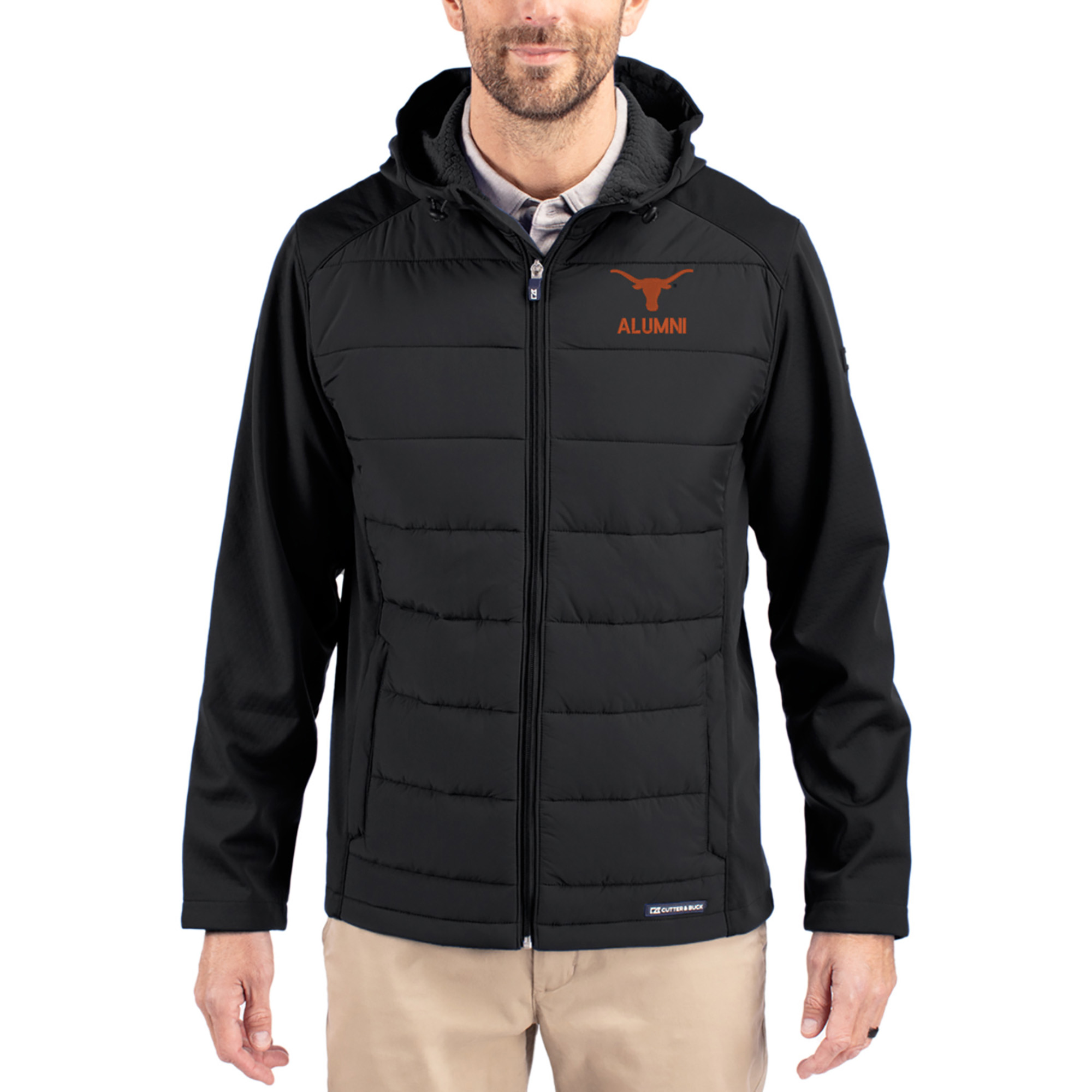 Men's Cutter & Buck Black Texas Longhorns Evoke Hybrid Eco Softshell Recycled Full Zip Hooded Jacket