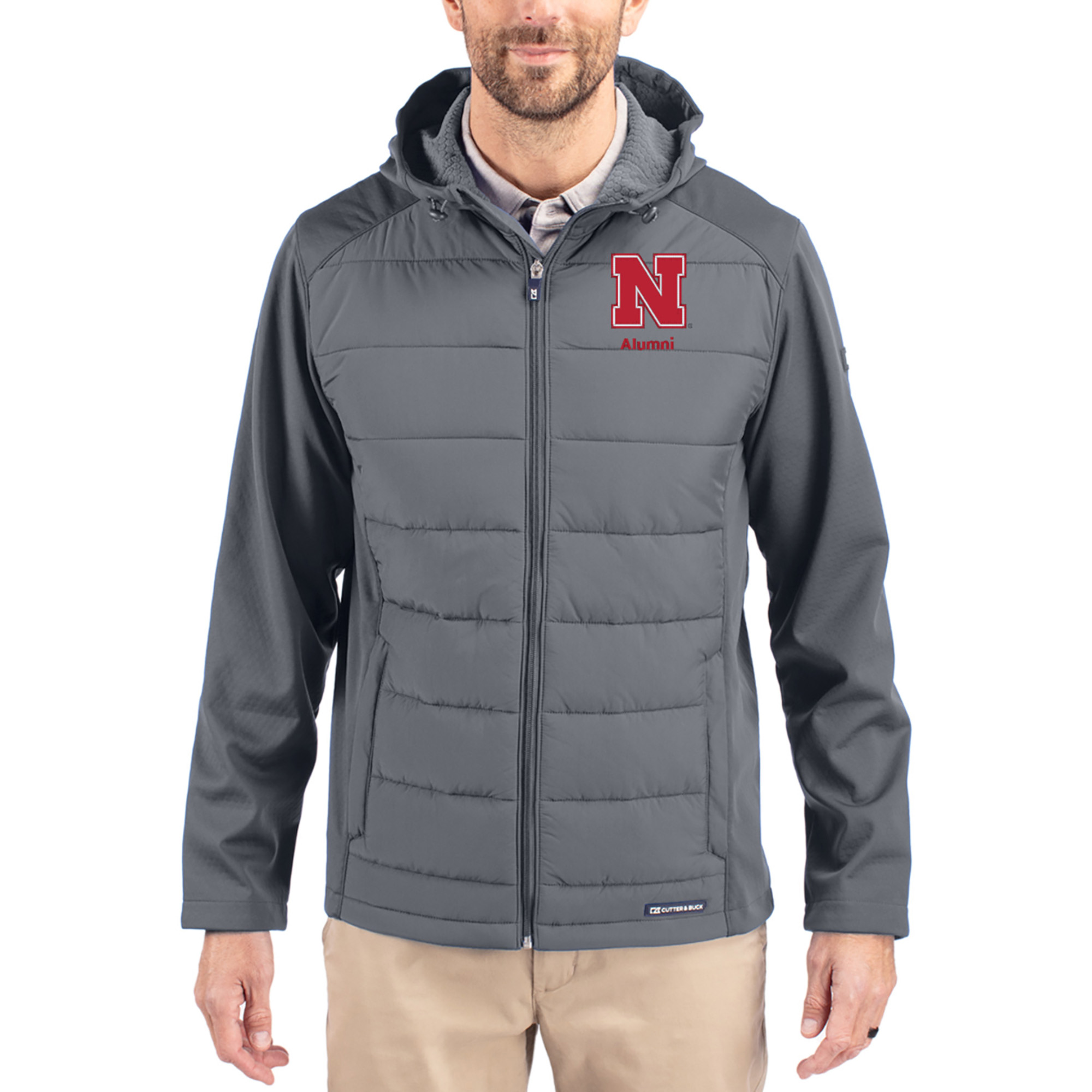 Men’s Cutter & Buck Gray Nebraska Huskers Evoke Hybrid Eco Softshell Recycled Full Zip Hooded Jacket