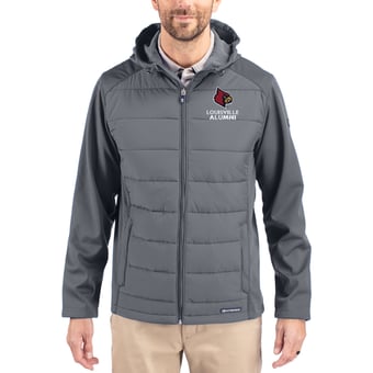 Men's Cutter & Buck Gray Louisville Cardinals Evoke Hybrid Eco Softshell Recycled Full Zip Hooded Jacket