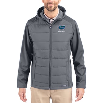 Men's Cutter & Buck Gray Florida Gators Evoke Hybrid Eco Softshell Recycled Full Zip Hooded Jacket